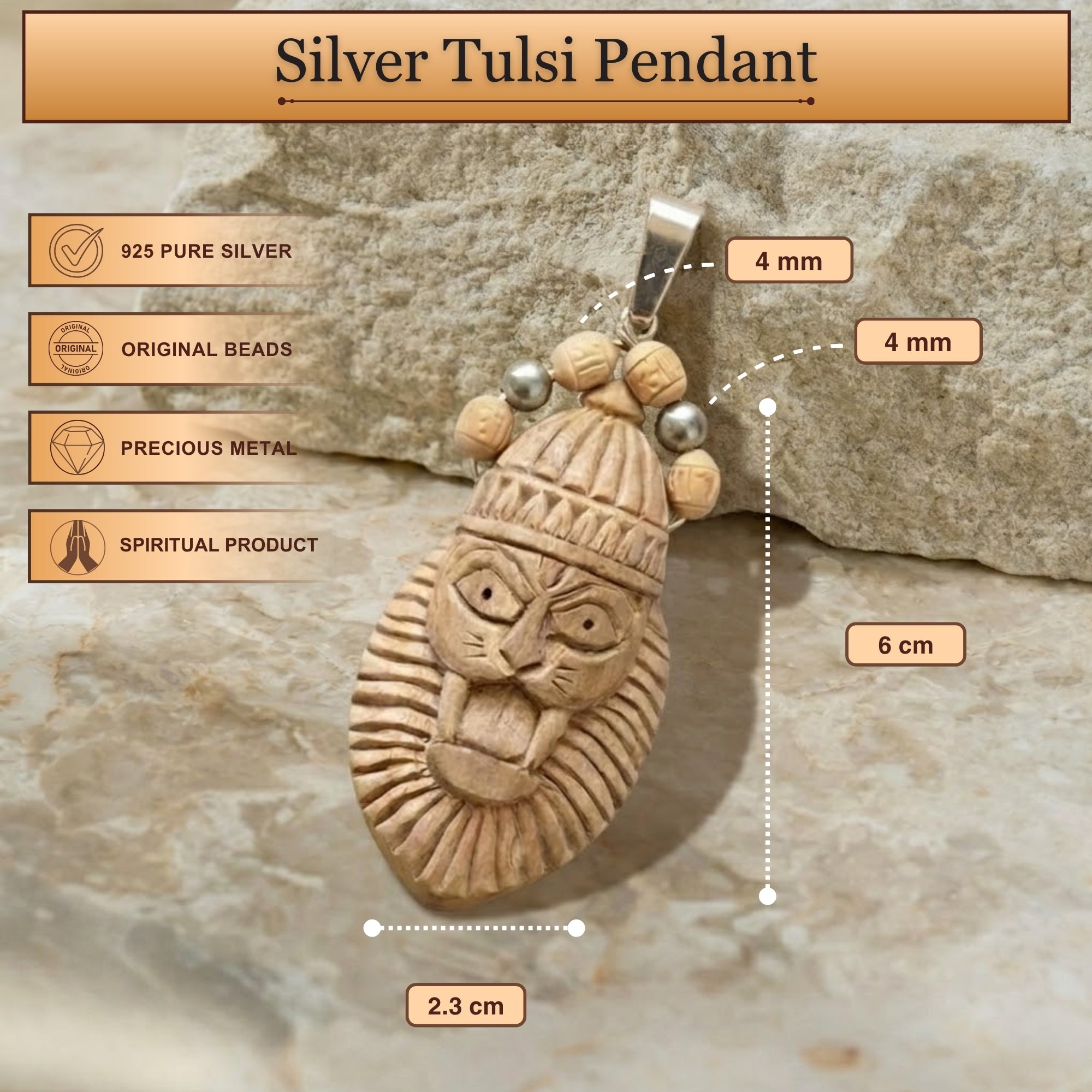 Size and dimension details of the silver Tulsi handcrafted Narasimha avatar pendant