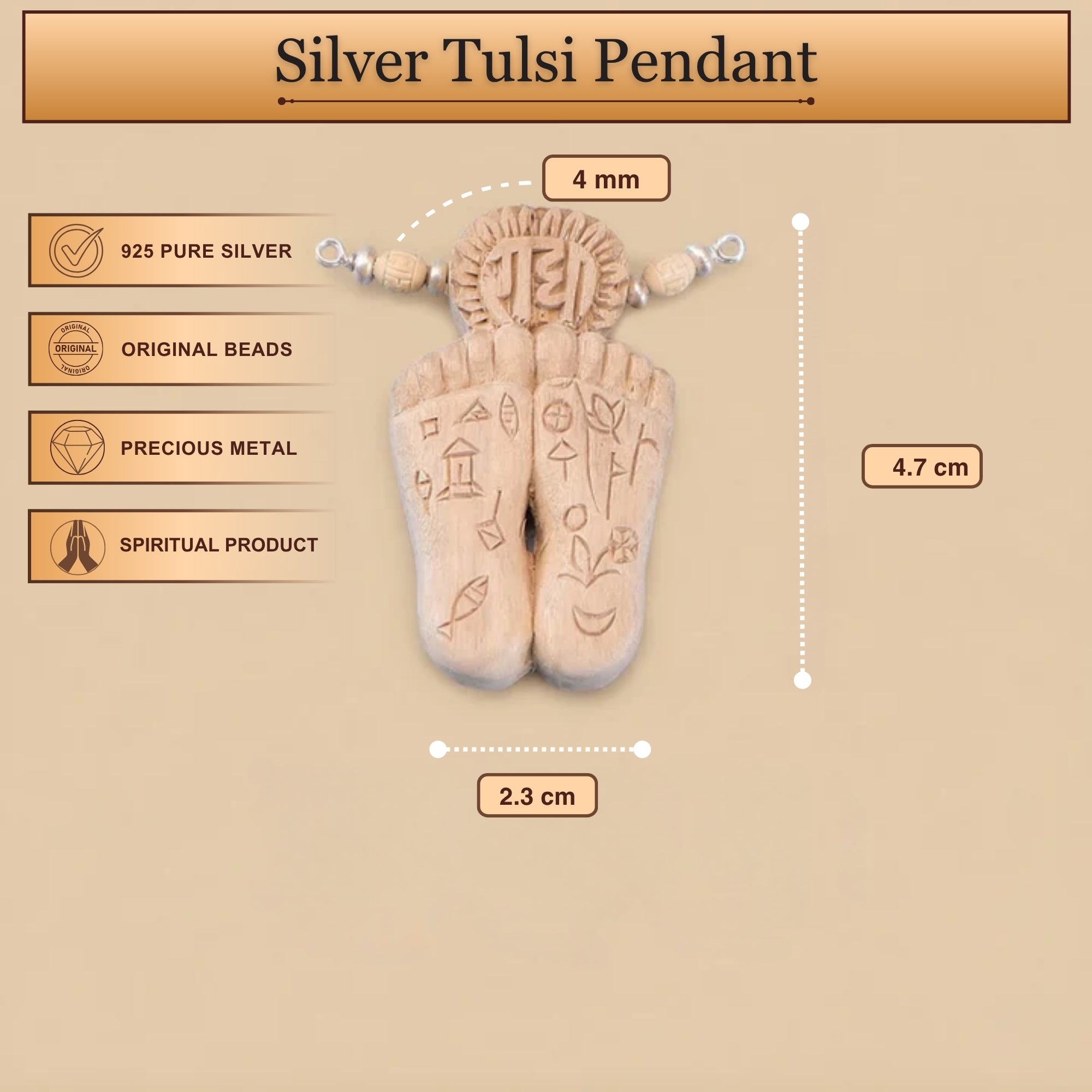 Size and dimension details of the silver Tulsi Radha Charan Chinna pendant