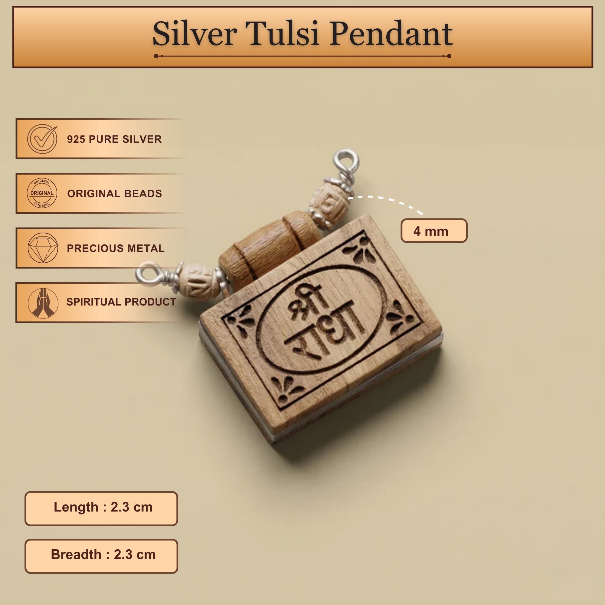Size and dimension details of the silver Tulsi Shri Radha name pendant
