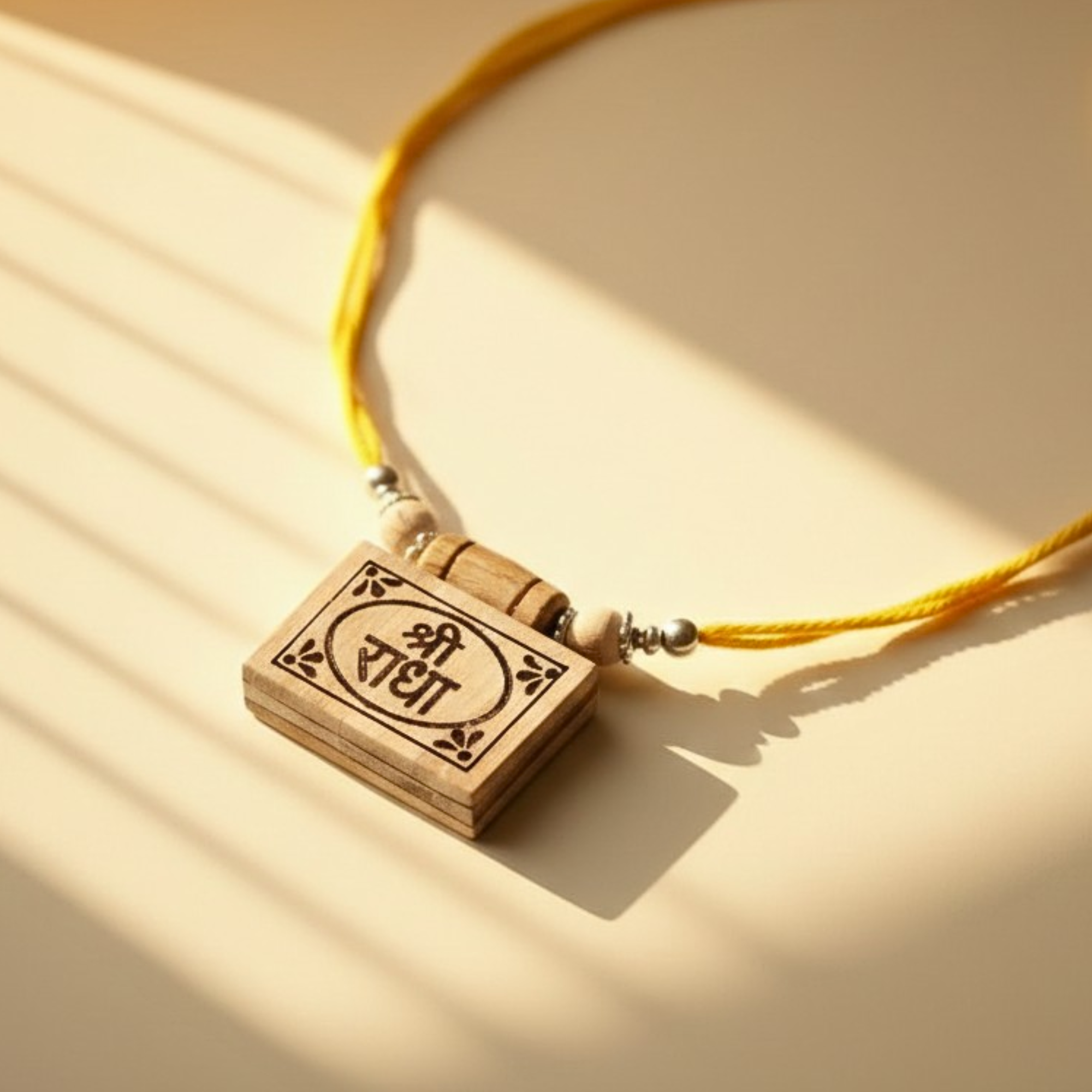 Person wearing a silver pendant featuring the holy name Shri Radha carved on Tulsi wood