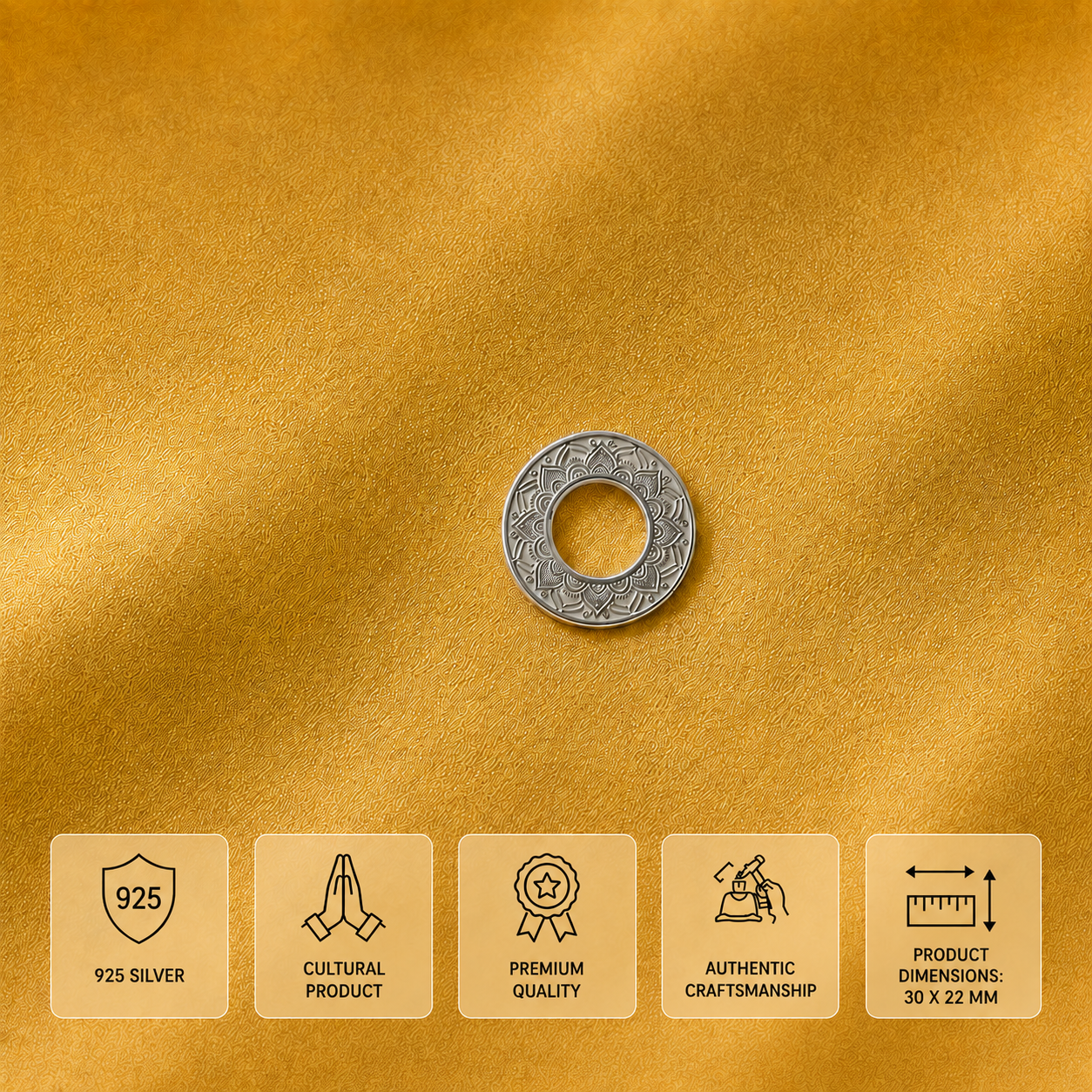 A silver-toned circular ring with an engraved floral pattern sits centered on a textured mustard-yellow fabric background. Along the bottom, five beige information panels with icons read 925 Silver, Cultural Product, Premium Quality, Authentic Craftsmanship, and Product Dimensions: 30 x 22 mm.