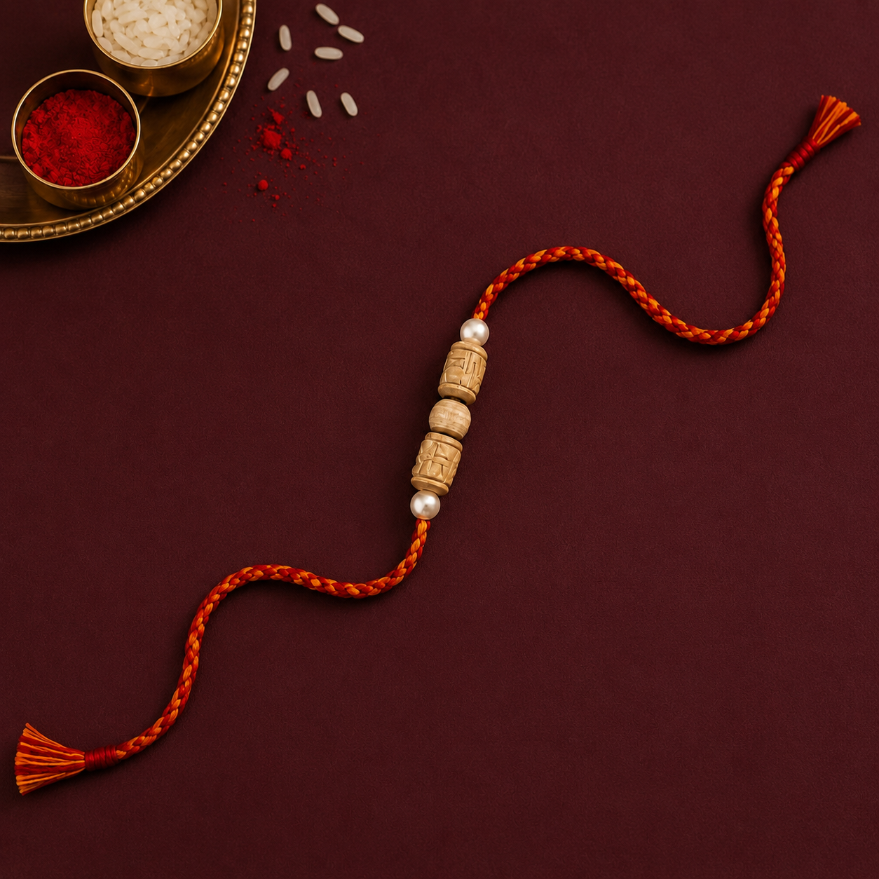 Simple wooden Tulsi rakhi with carved beads on a red thread
