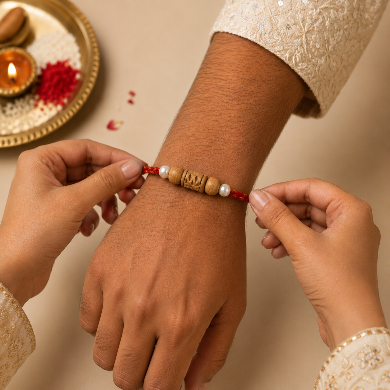 Sister tying a handmade Tulsi and pearl rakhi on her brother's wrist for Raksha Bandhan