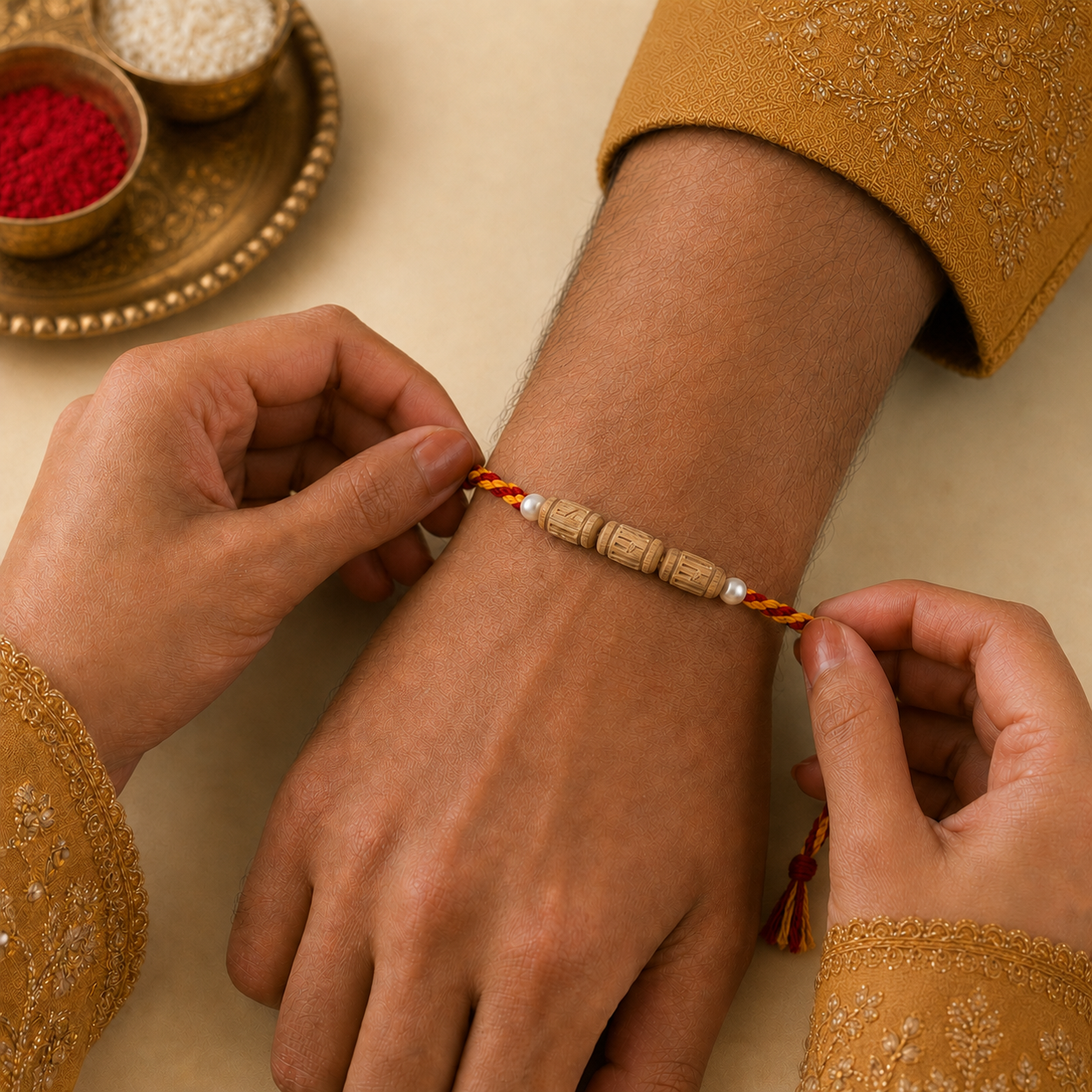 original carved Tulsi wood bead Rakhi onto her brother's wrist 