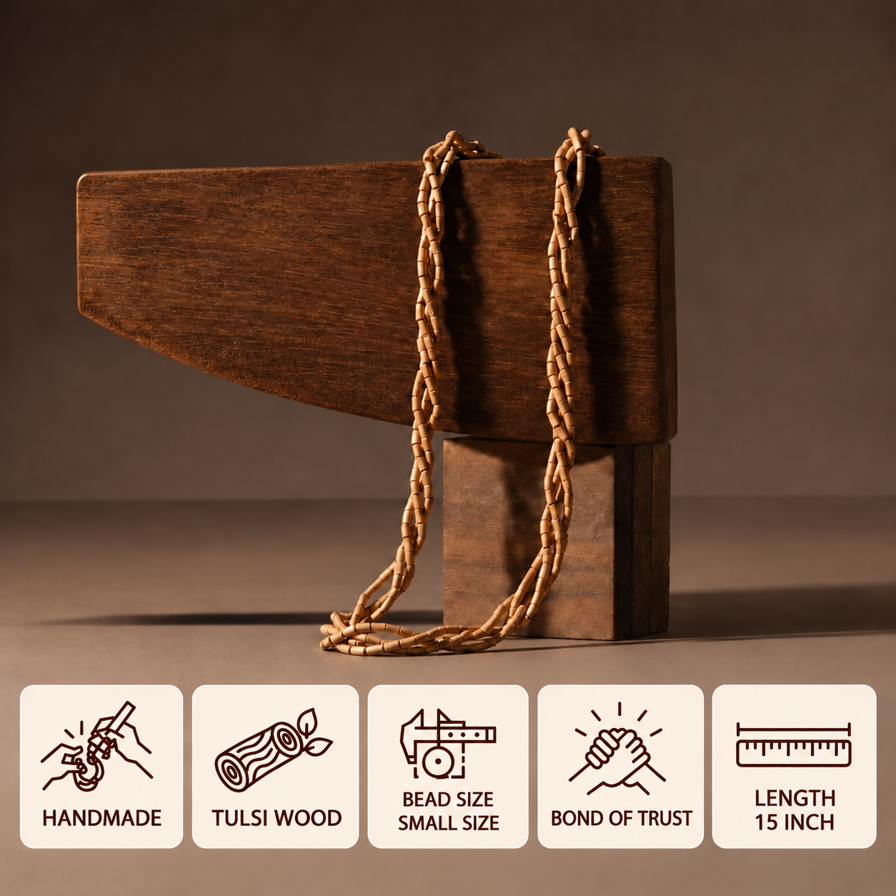 Small bead Tulsi mala draped over wooden blocks, with feature cards showing its 15 inch length.