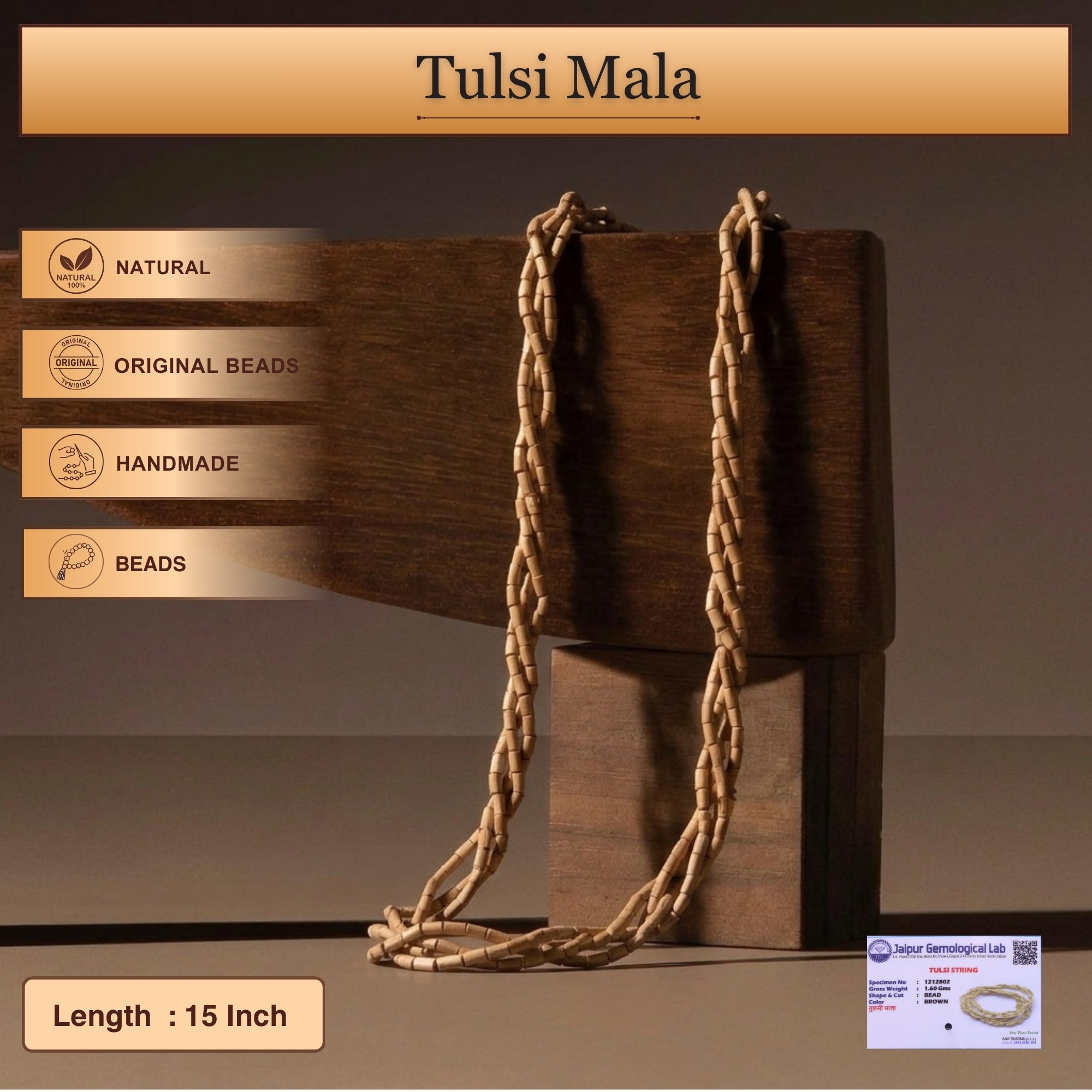Length and detail dimensions showing the 15 inch authentic Vaishnav Tulsi kanthi mala with raw beads