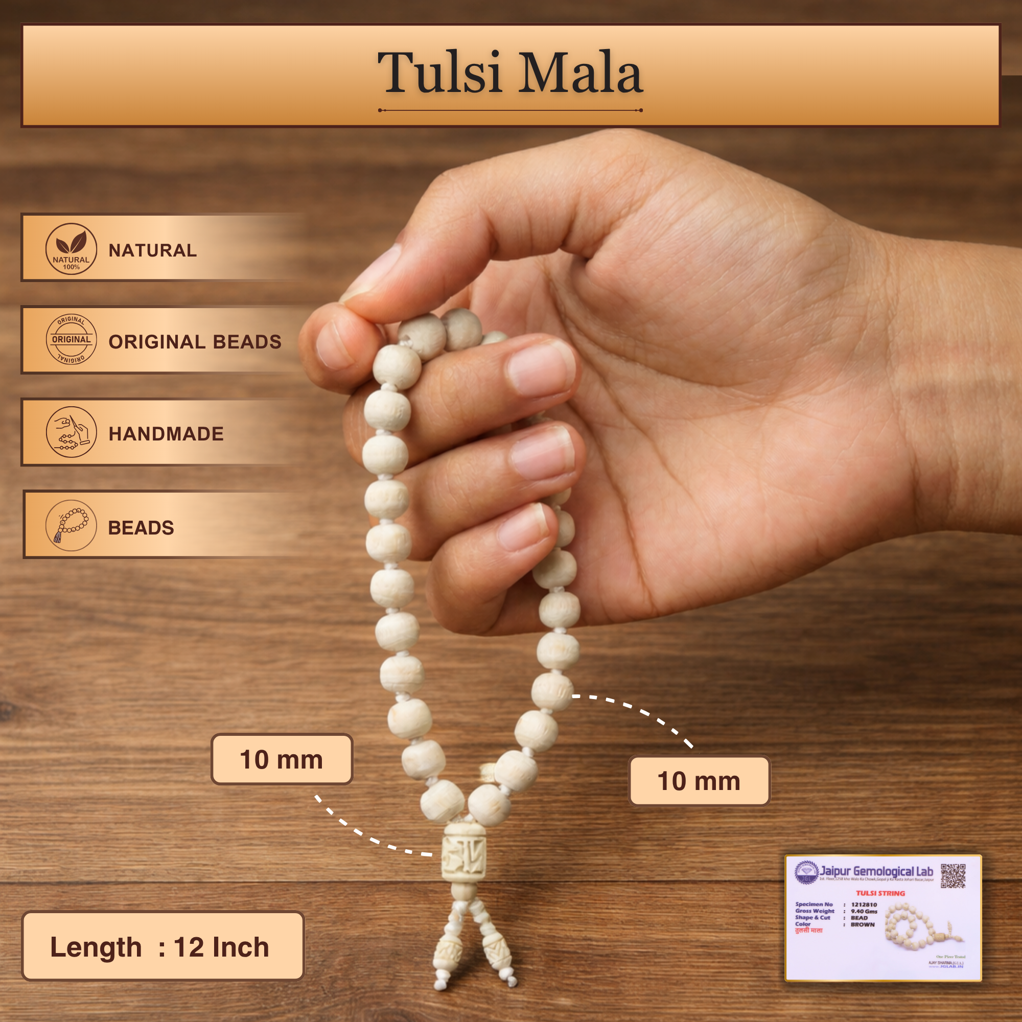 Size and material details of the authentic 27 bead Tulsi quarter mala