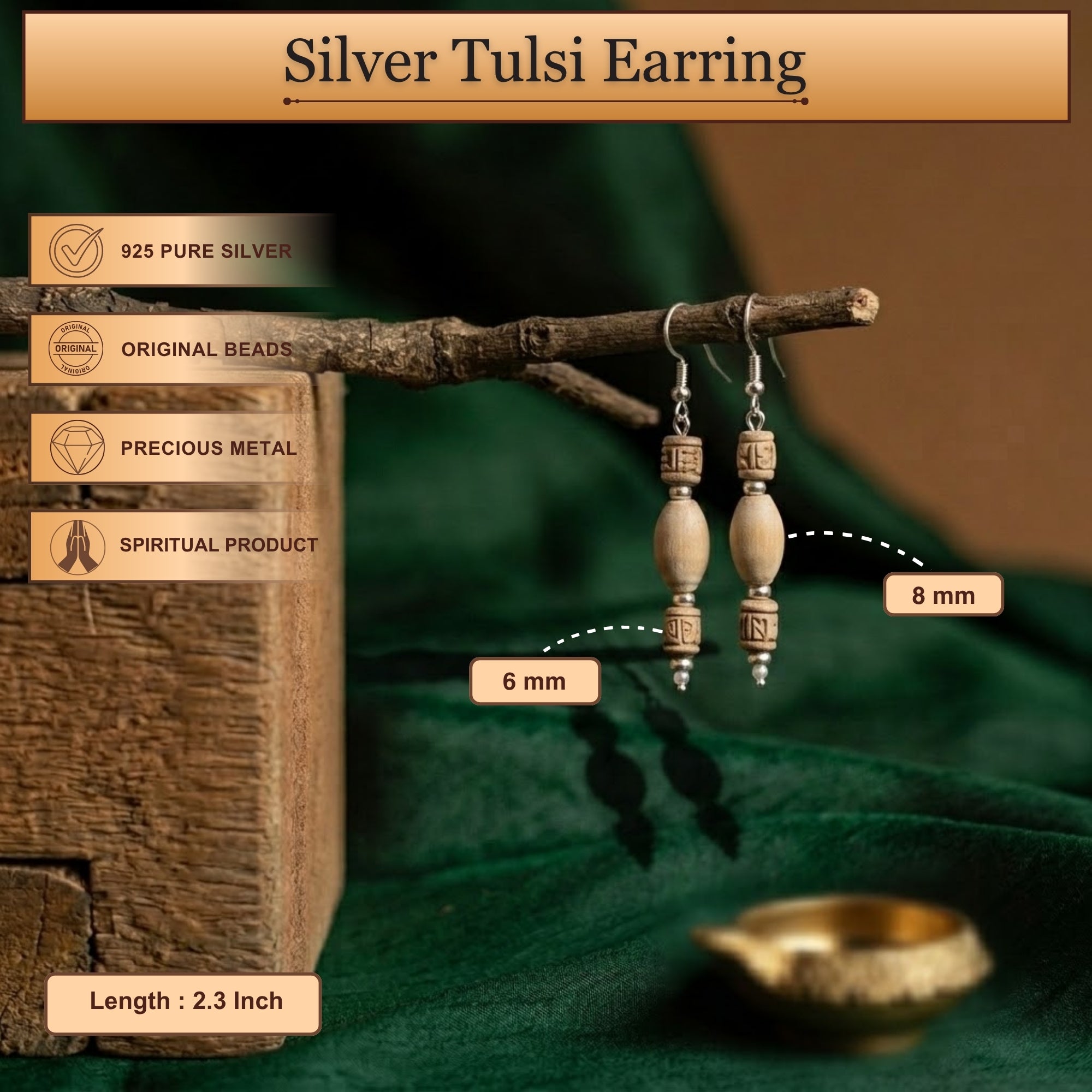 Length and intricate bead details of the sterling silver and authentic Tulsi earrings