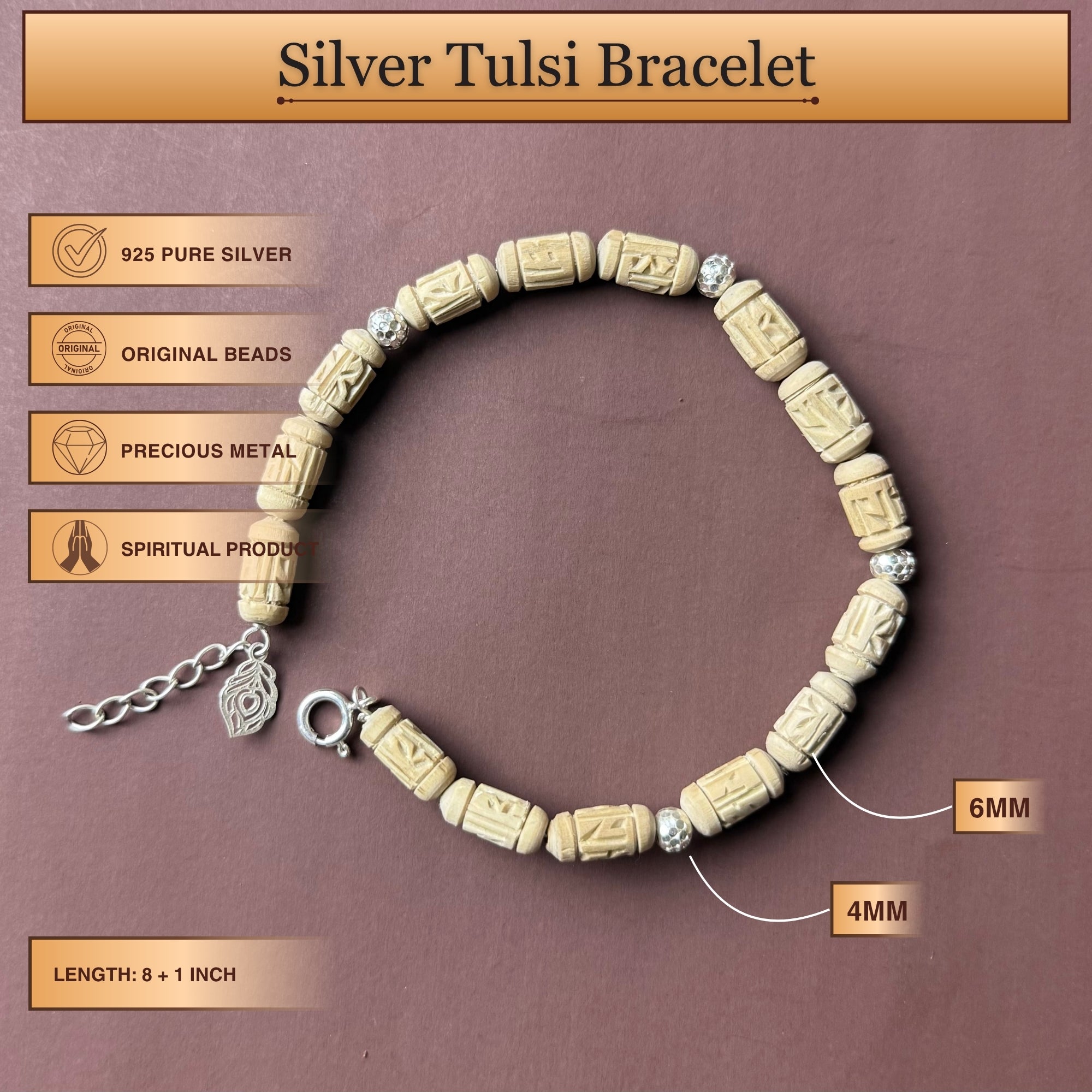 Size and length dimensions of the sterling silver Tulsi and pearl bead bracelet