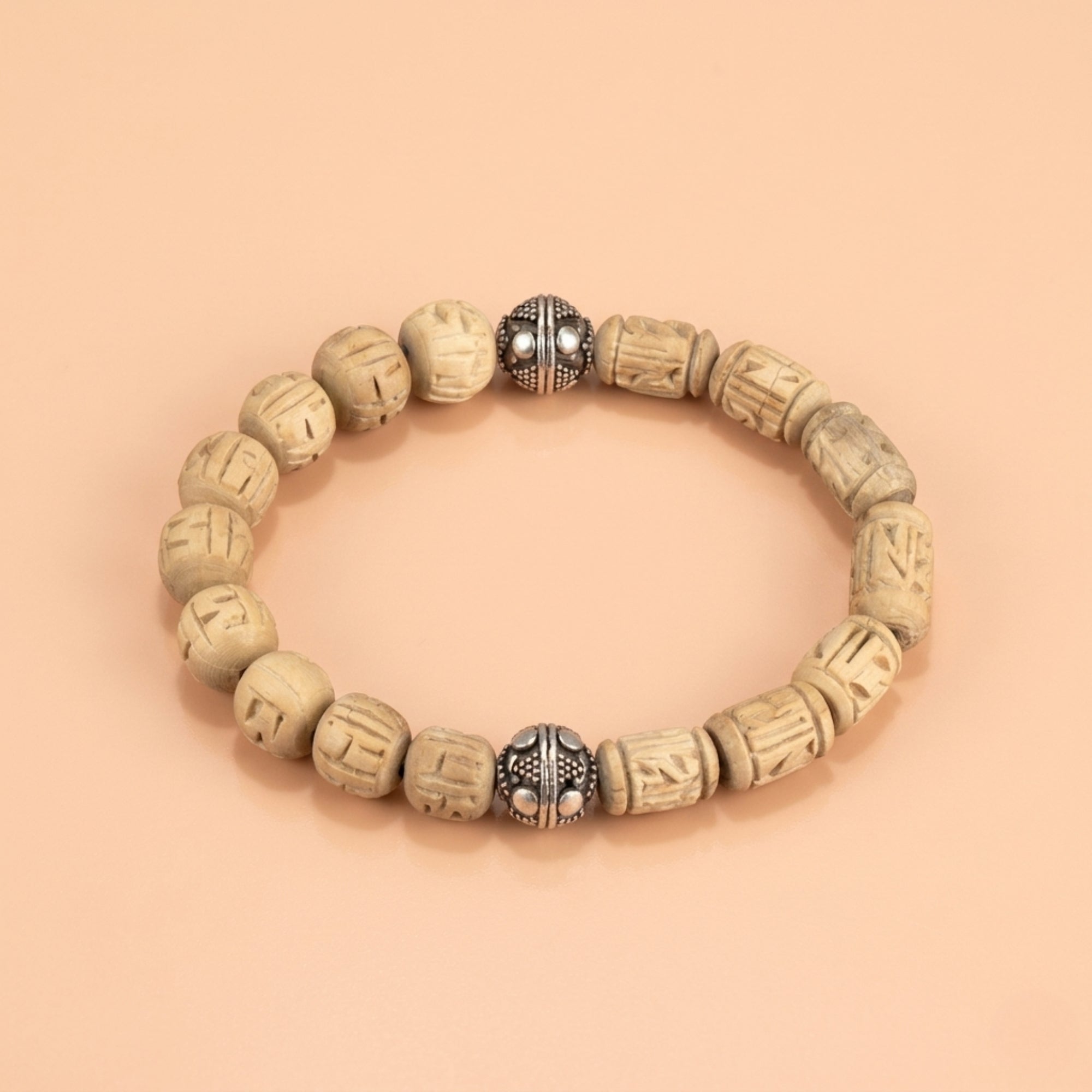 Pure Silver Tulsi Bracelet – Hand-Carved Tulsi & Silver Beads