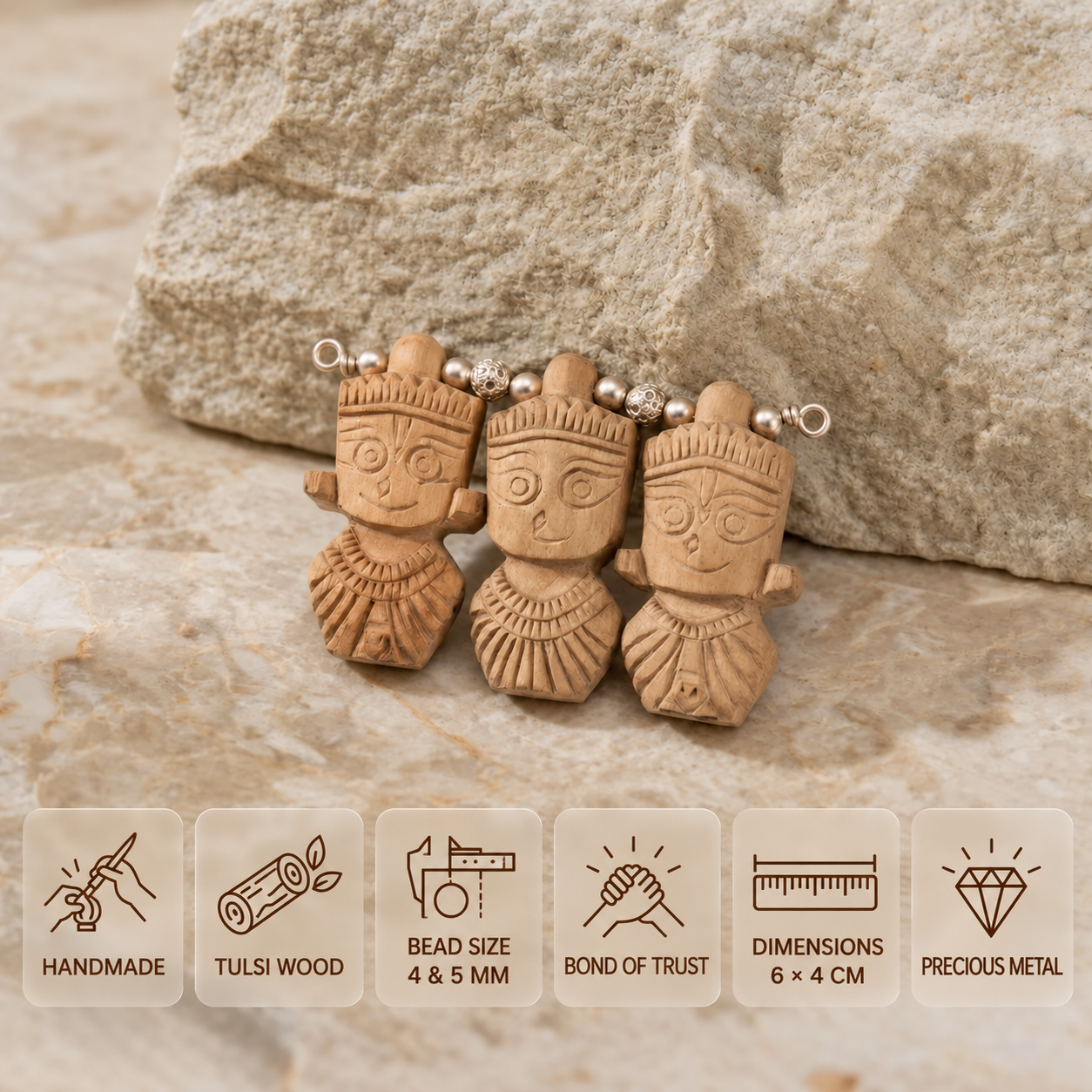 Three carved Tulsi wood Jagannath, Balbhadra and Subhadra faces with silver connecting beads, showing 4 mm and 5 mm beads and 6 × 4 cm dimensions.