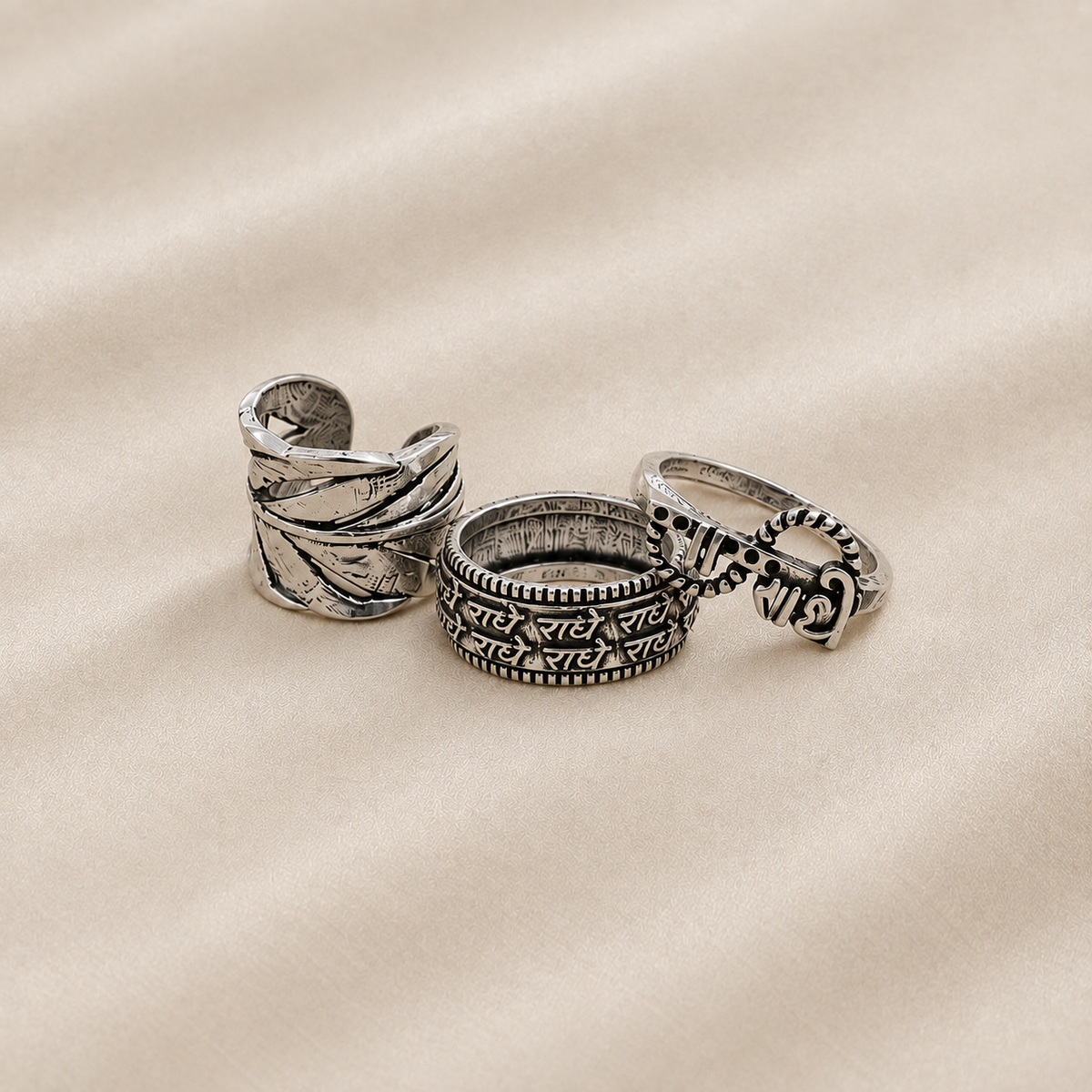 Three-piece oxidised ring combo featuring three distinct traditional-inspired ring designs