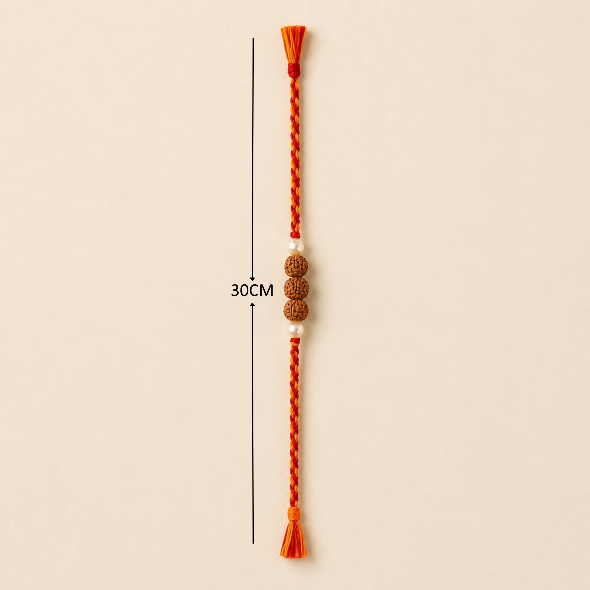 Full length layout showing 26cm thread length and dimensions of trio Rudraksha pearl rakhi