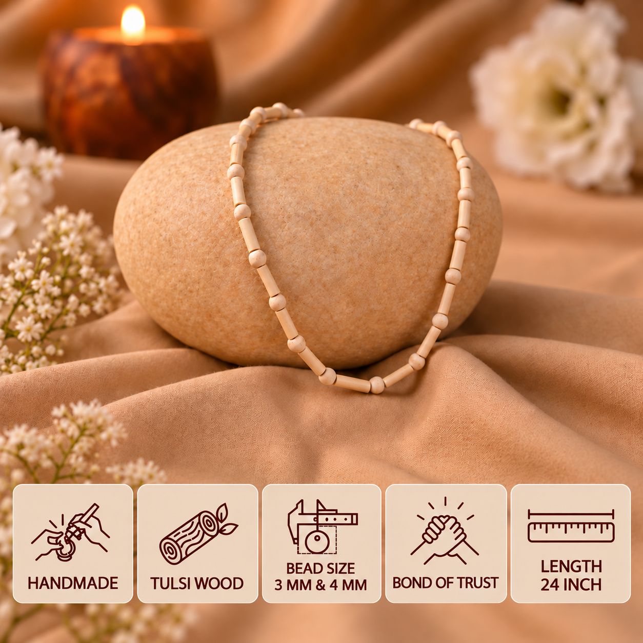 Tulsi bead mala draped over a beige stone, with feature cards showing 3 mm and 4 mm bead sizes and 24 inch length.