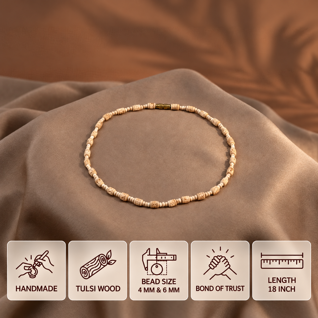 Tulsi bead mala with a gold clasp and feature cards showing 4 mm and 6 mm beads and 18 inch length.
