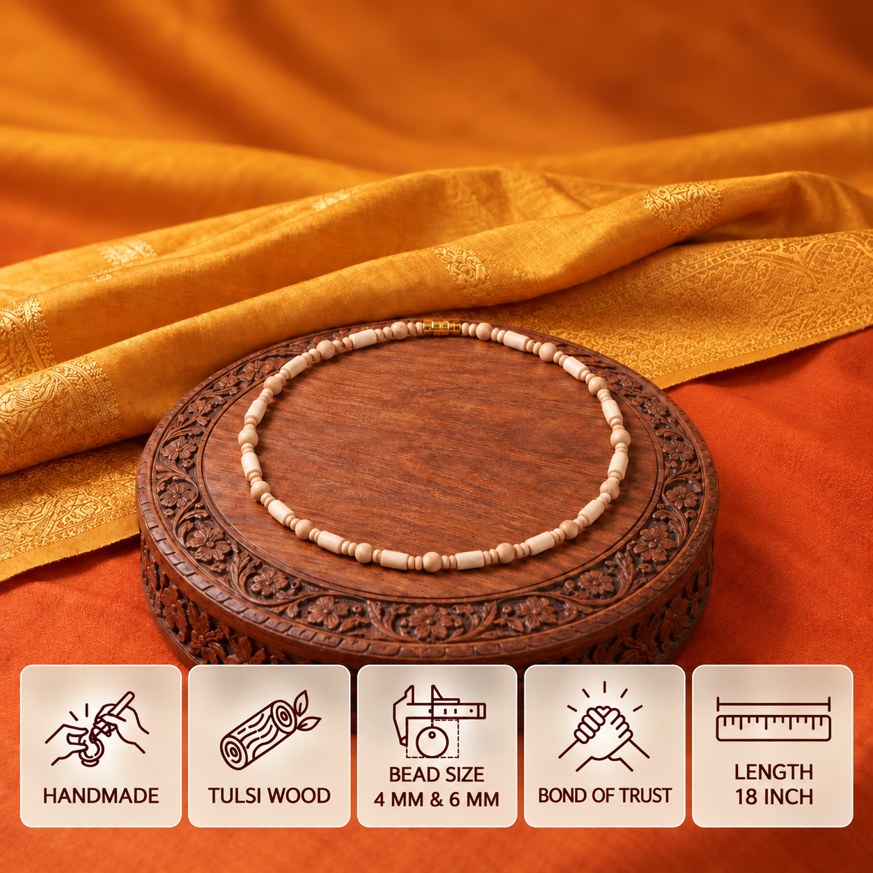Tulsi bead mala on a carved wooden display with feature cards showing 4 mm and 6 mm beads and 18 inch length.