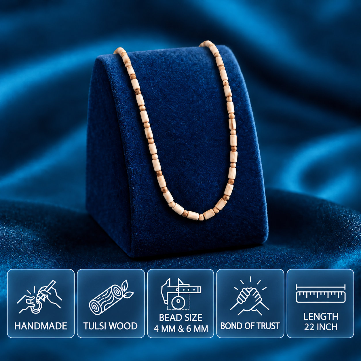 Blue display par Tulsi bead mala, 4 mm aur 6 mm bead size aur 22 inch length ke feature cards ke saath.