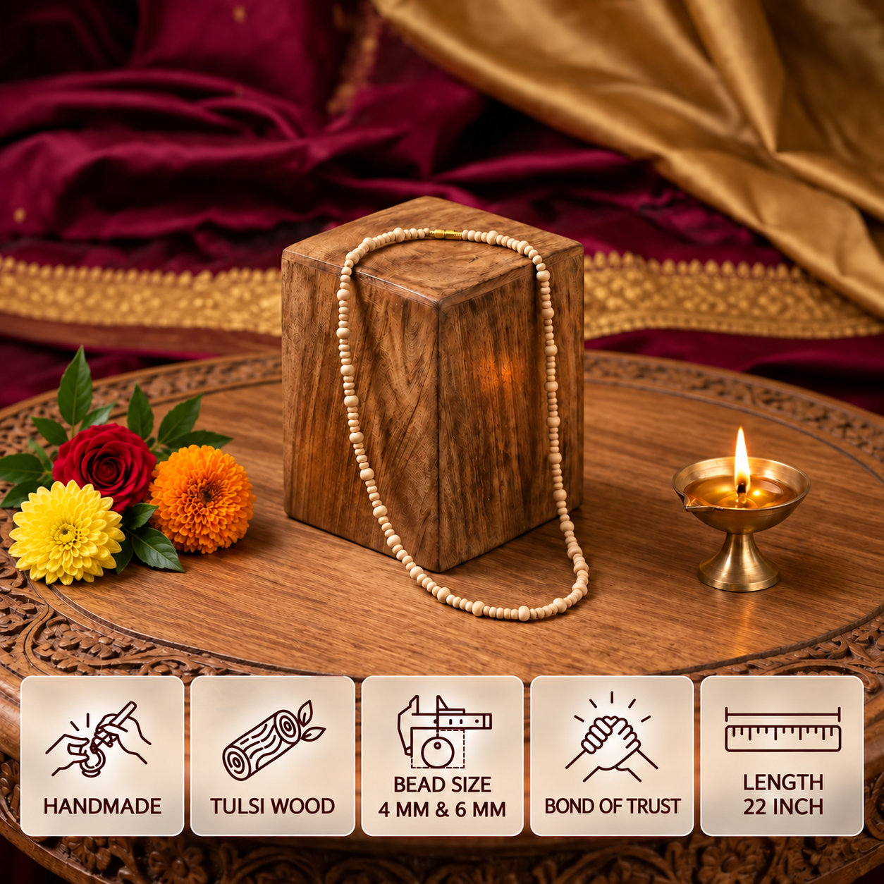 Tulsi bead mala displayed with flowers and a diya, with feature cards showing 4 mm and 6 mm beads and 22 inch length.