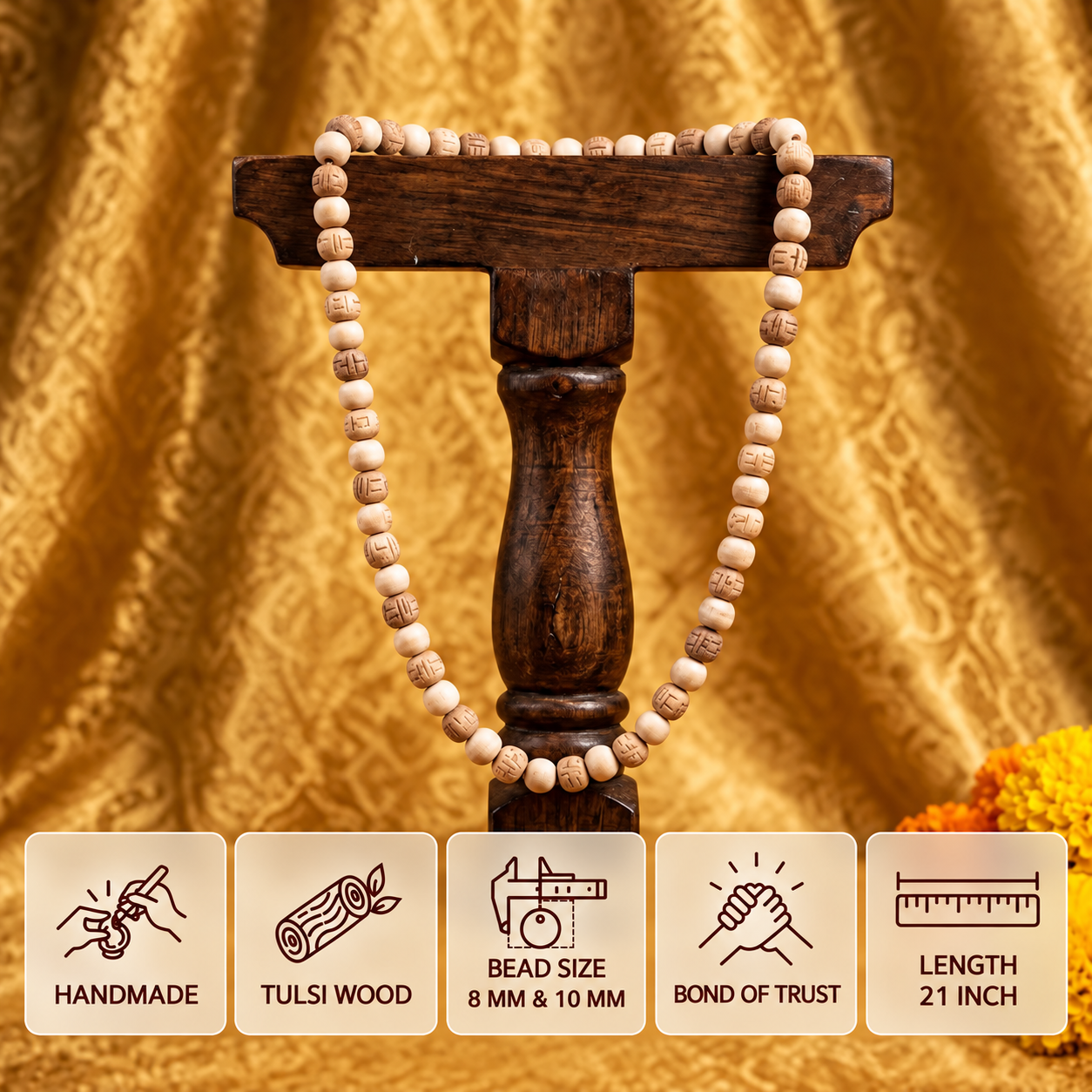 Tulsi bead mala on a wooden stand with feature cards showing 8 mm and 10 mm bead sizes and 21 inch length.
