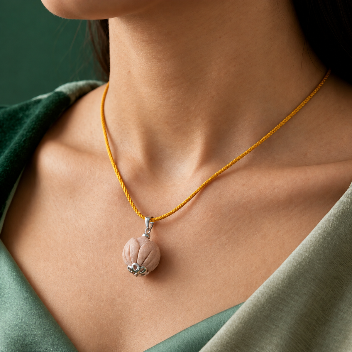 Close-up of a woman wearing a carved Tulsi bead pendant with silver-toned 