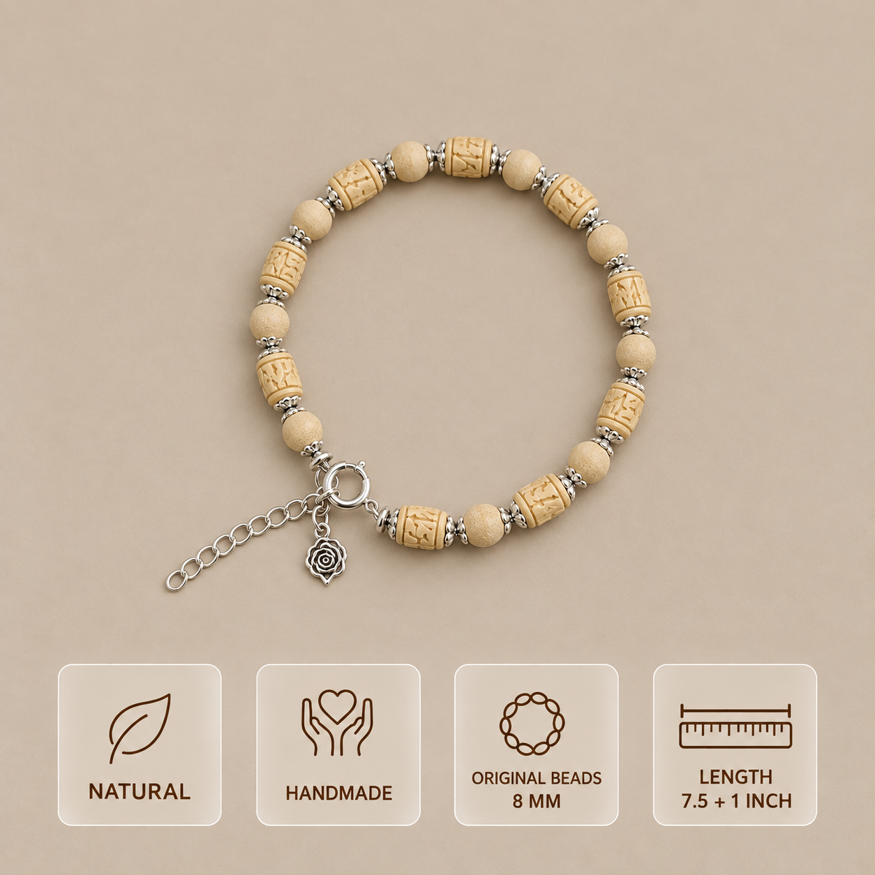 Natural handmade Tulsi bracelet with original 8 mm Tulsi beads and adjustable 7.5 plus 1 inch length