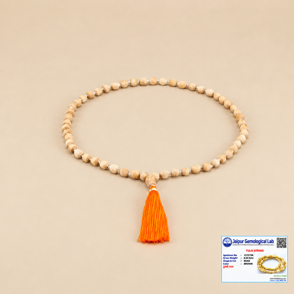 Handmade Tulsi Japa Mala with original 10 mm Tulsi beads, 28 inch length and orange tassel