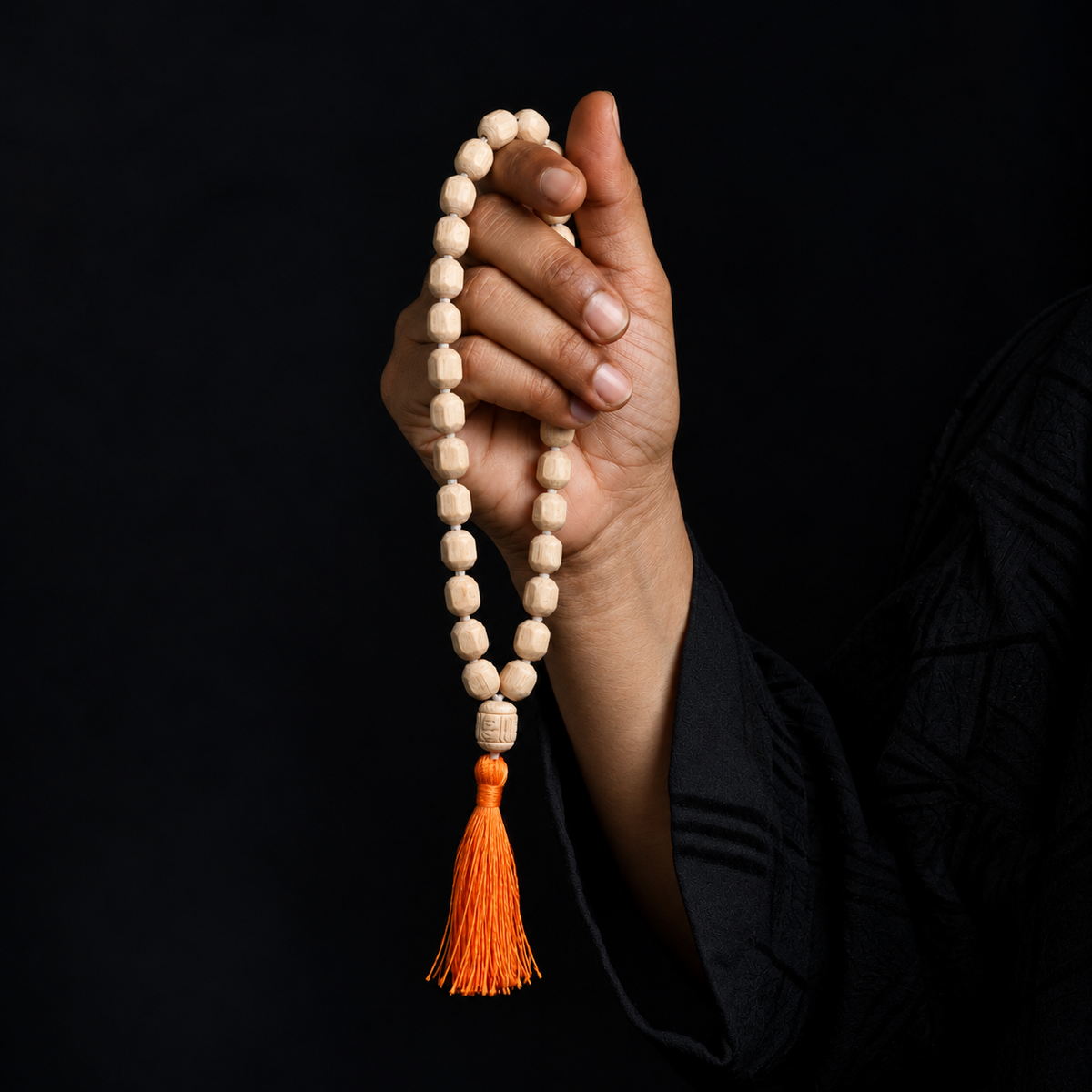 Natural Tulsi Japa Mala with light Tulsi beads and orange tassel held in hand
