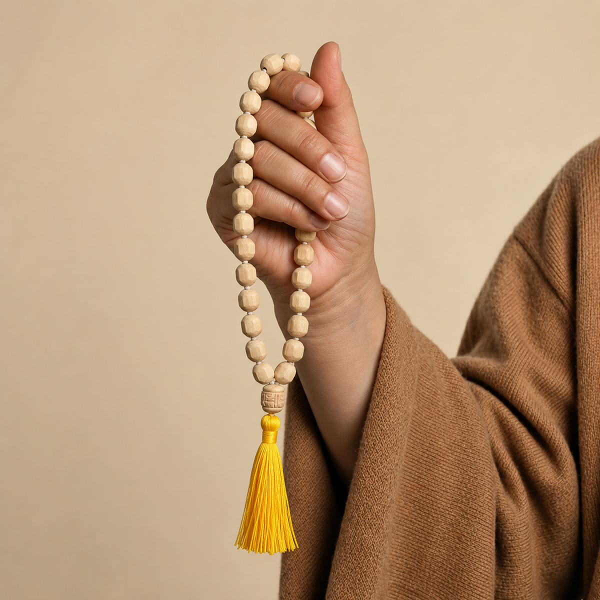 Natural Tulsi Japa Mala with light Tulsi beads and yellow tassel held in hand