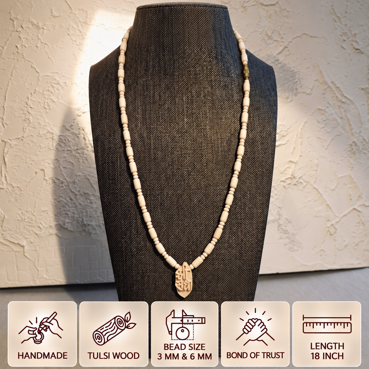 Tulsi bead mala with a carved pendant on a dark display bust, showing 3 mm and 6 mm bead sizes and 18 inch length.