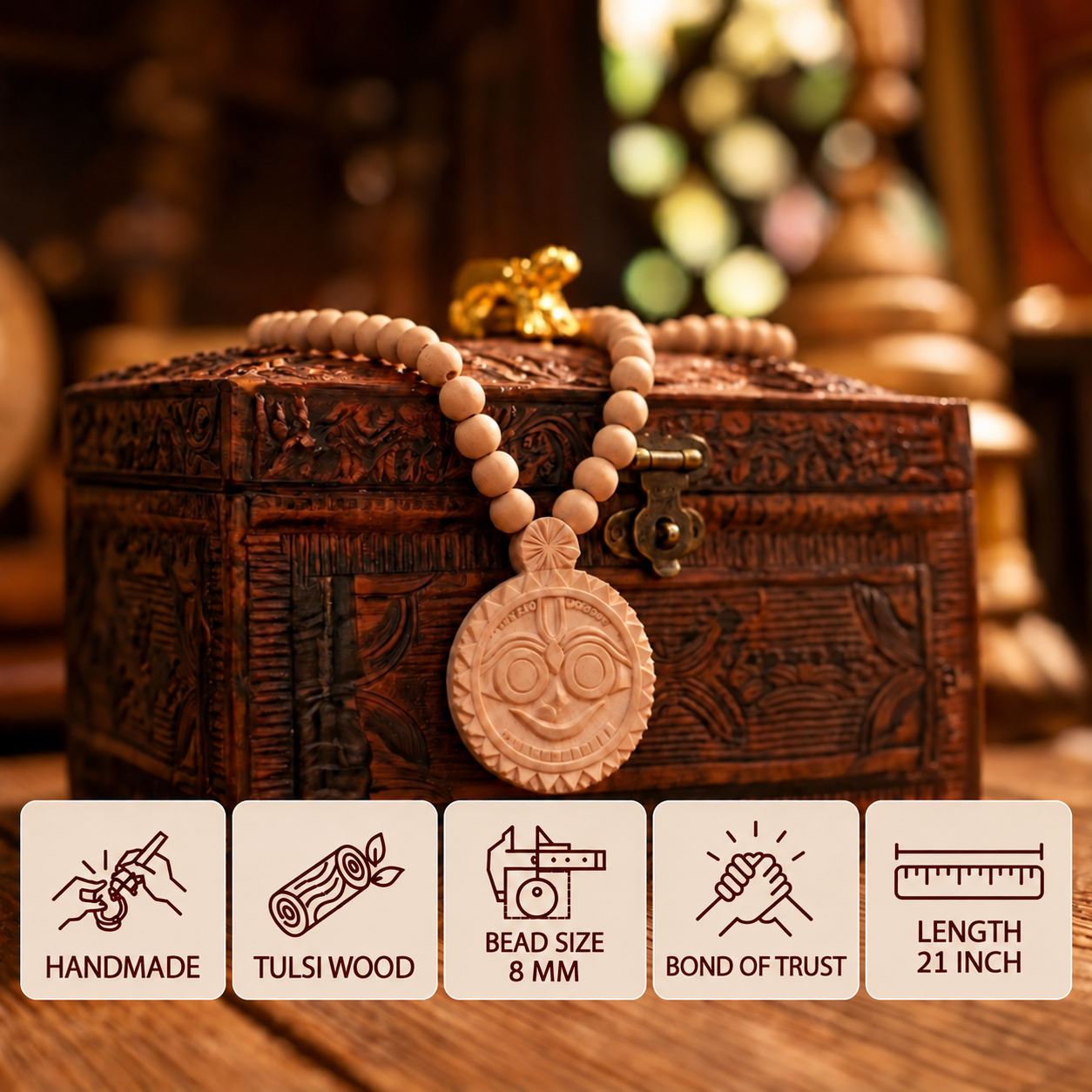 Carved wooden box par Tulsi bead mala aur Jagannath pendant, 8 mm bead size aur 21 inch length ke feature cards ke saath.