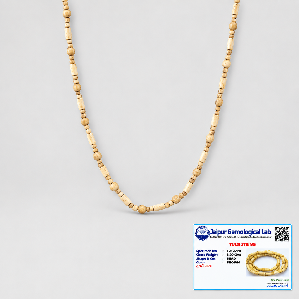 Certified Tulsi Mala with original natural 4 mm and 6 mm Tulsi beads, 18 inch length and Jaipur Gemological Lab certificate