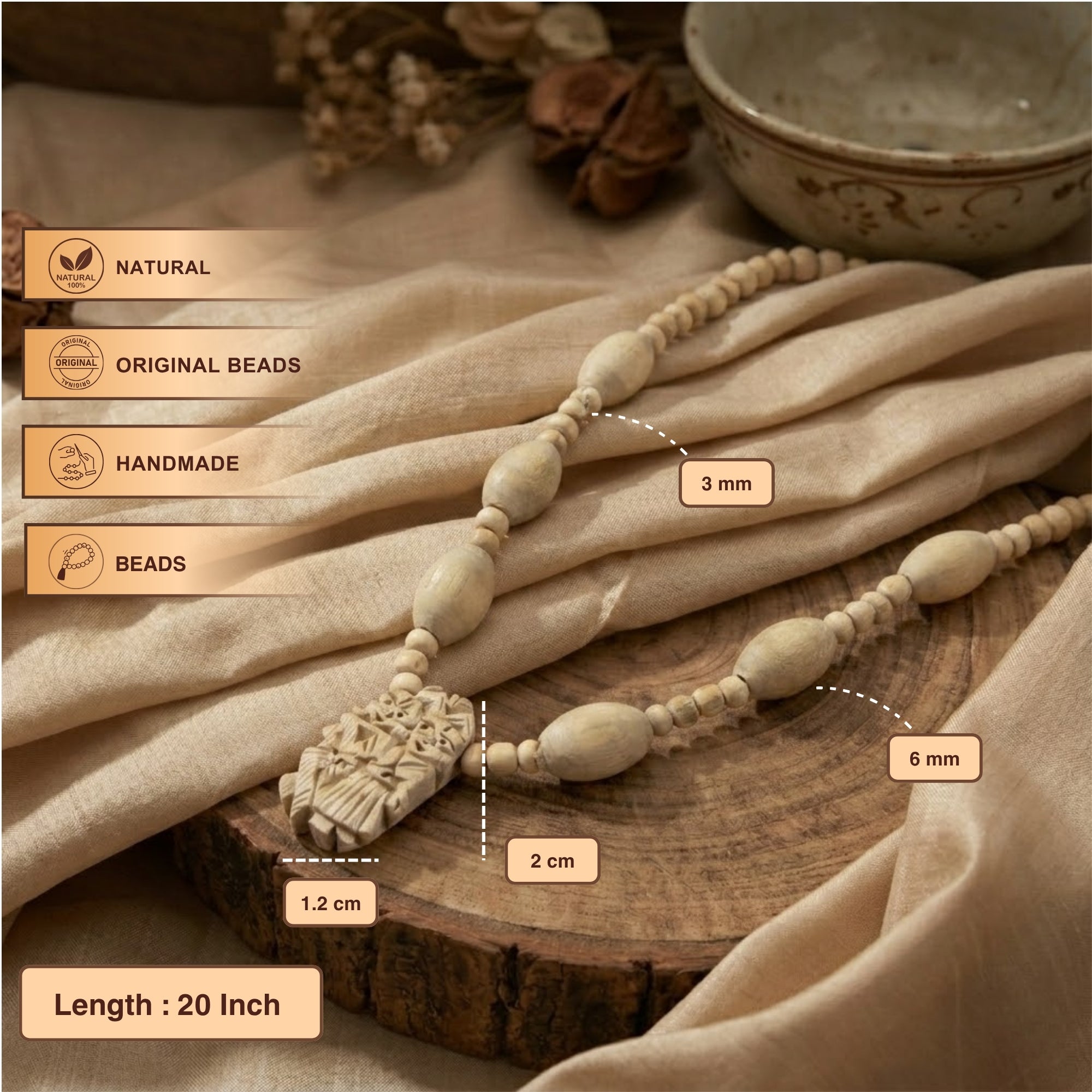 20 inch authentic Tulsi wood kanthi mala and carved pendant