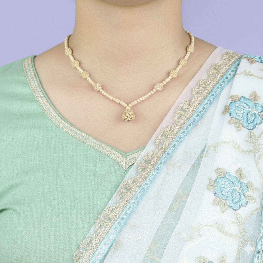 Woman wearing an original Tulsi necklace featuring a hand-carved wooden lotus pendant