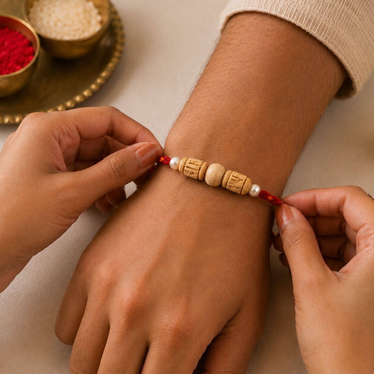 Sister tying an elegant Tulsi and pearl rakhi on her brother's wrist for Raksha Bandhan
