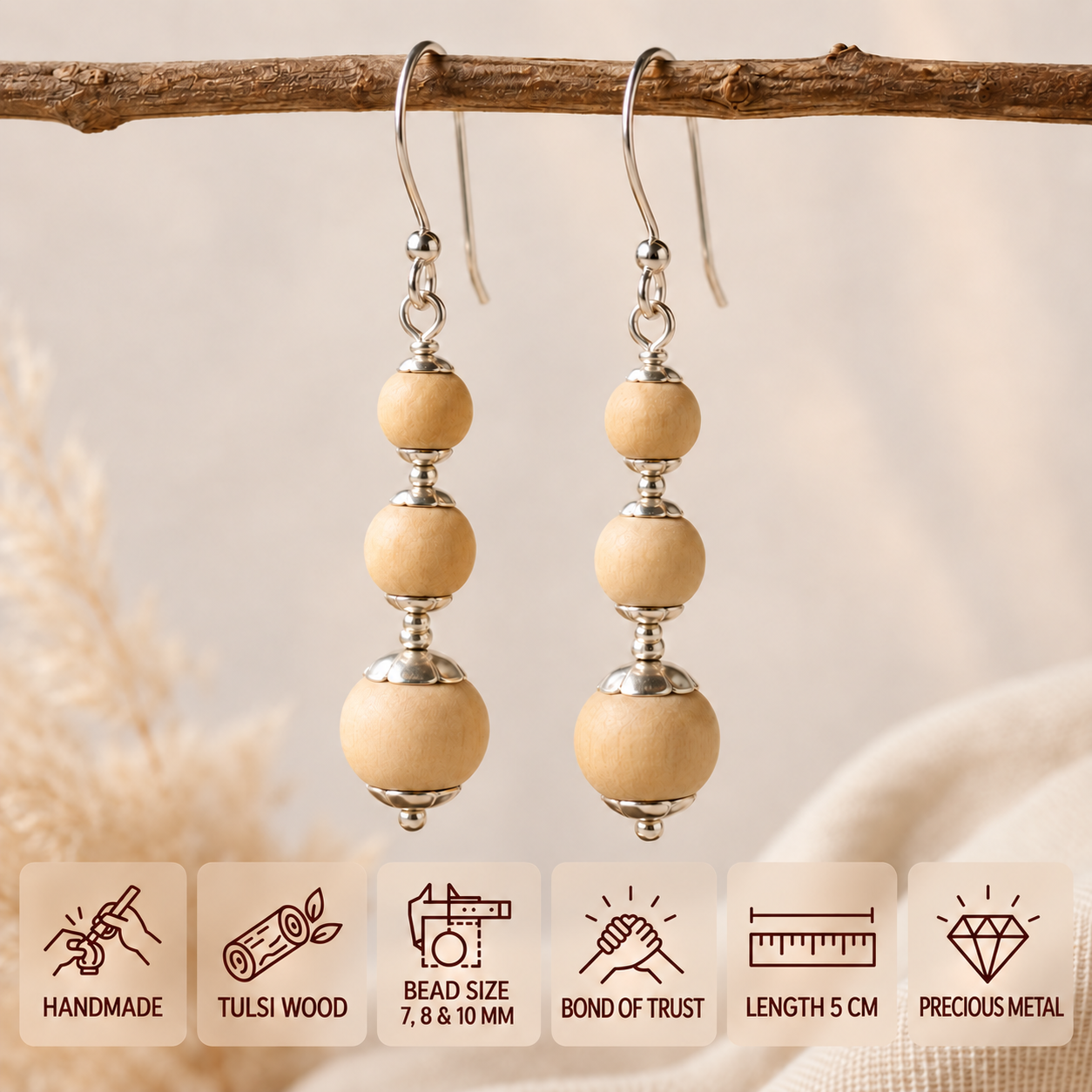 Tulsi wood bead earrings with silver-toned fittings, showing 7, 8 and 10 mm bead sizes and a 5 cm length.