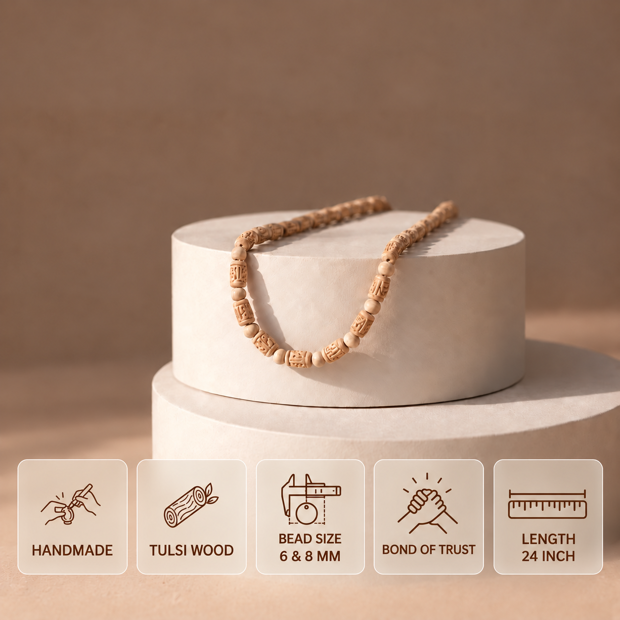Tulsi wood bead mala on a cream pedestal, with feature cards showing 6 and 8 mm bead sizes and 24 inch length.