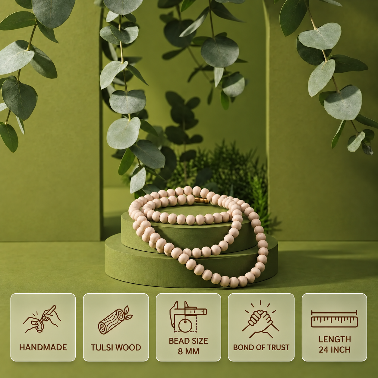 Tulsi wood bead mala on green display stands, with feature cards showing 8 mm bead size and 24 inch length.