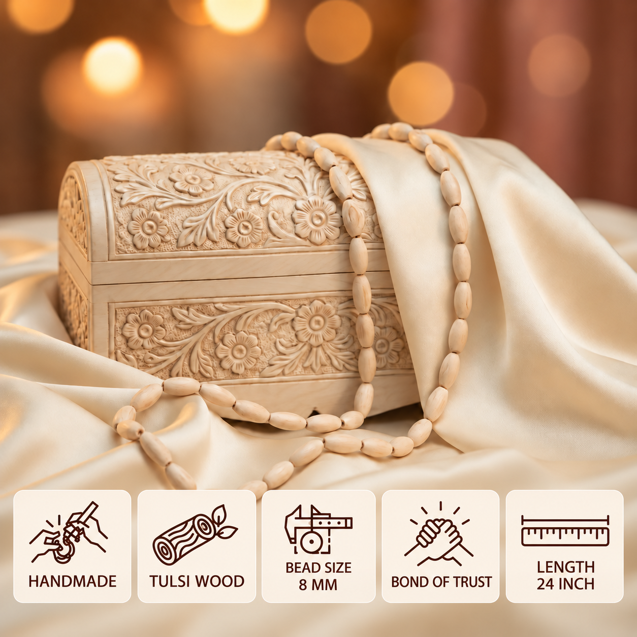 Tulsi wood bead mala draped over a carved box, with 8 mm bead size and 24 inch length shown in feature cards.