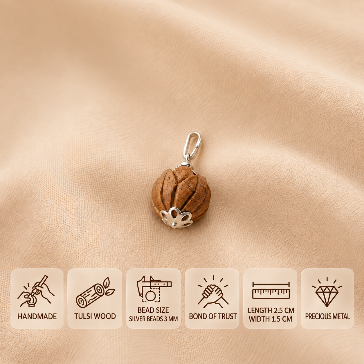 Carved Tulsi lotus wood bud pendant with a silver hook and floral cap, measuring 2.5 cm long and 1.5 cm wide.