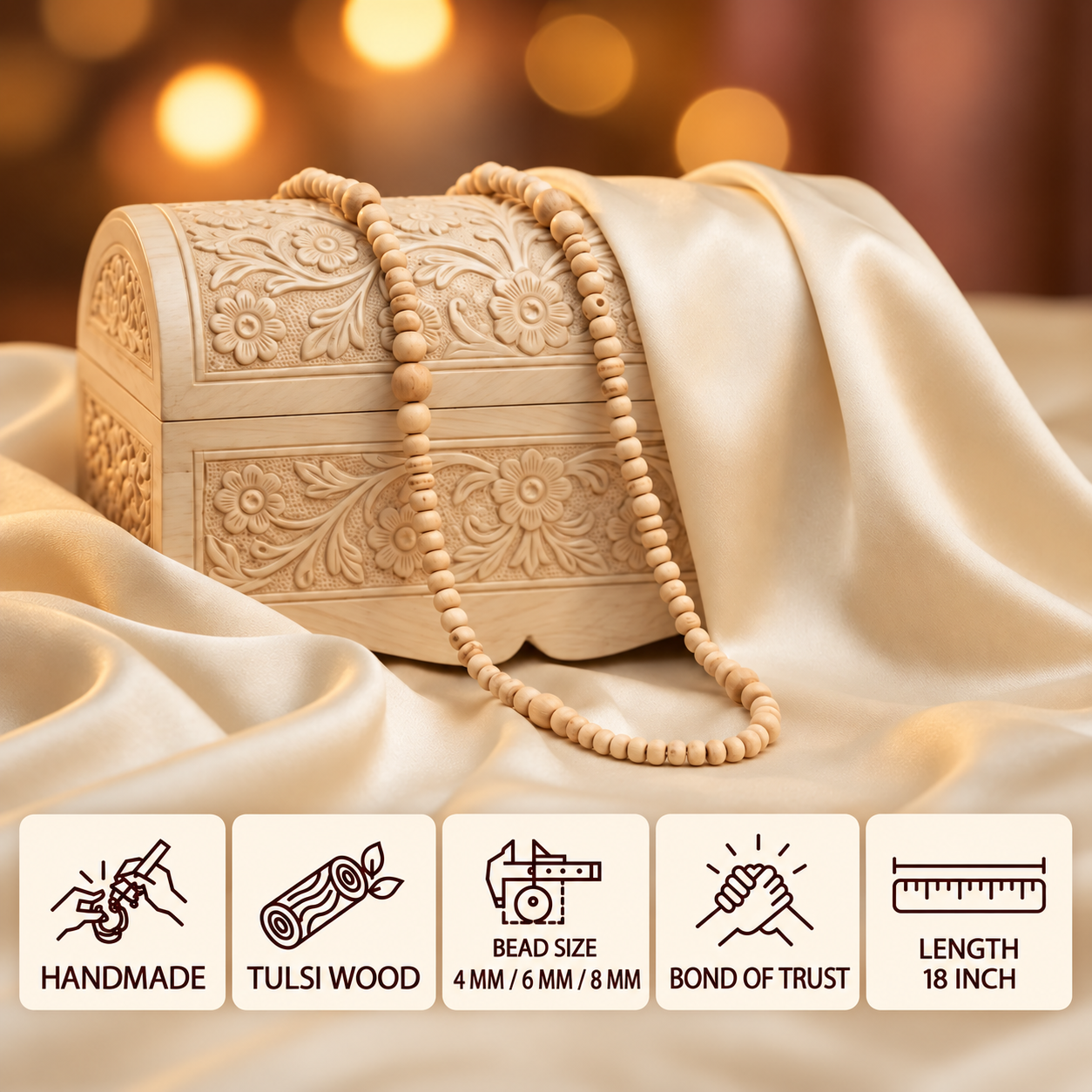 Tulsi wood bead mala draped over a carved wooden box, with feature cards showing 4 mm, 6 mm and 8 mm beads and an 18 inch length.