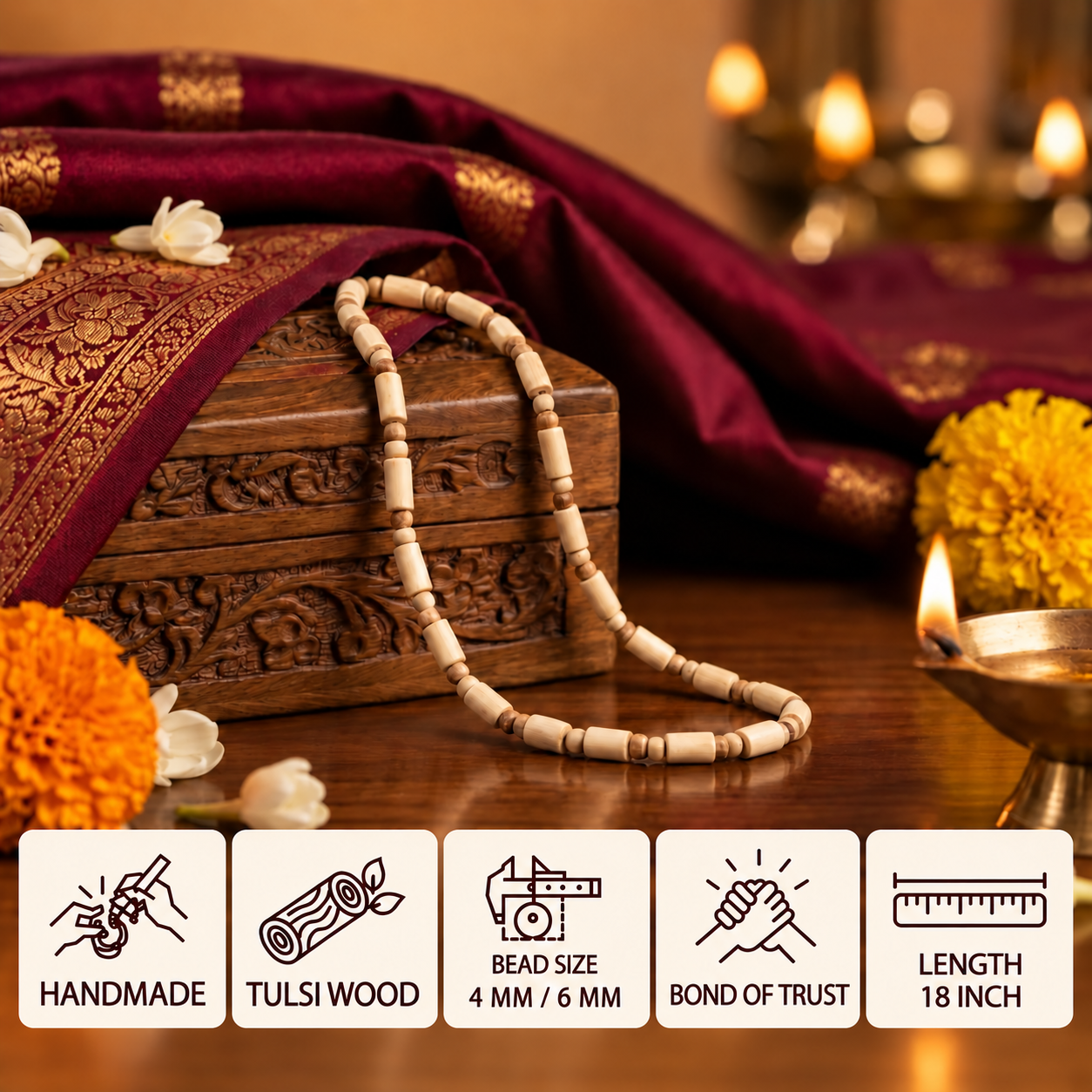 Tulsi wood bead mala draped over a carved wooden box beside a diya, with feature cards showing 4 mm and 6 mm beads and an 18 inch length.