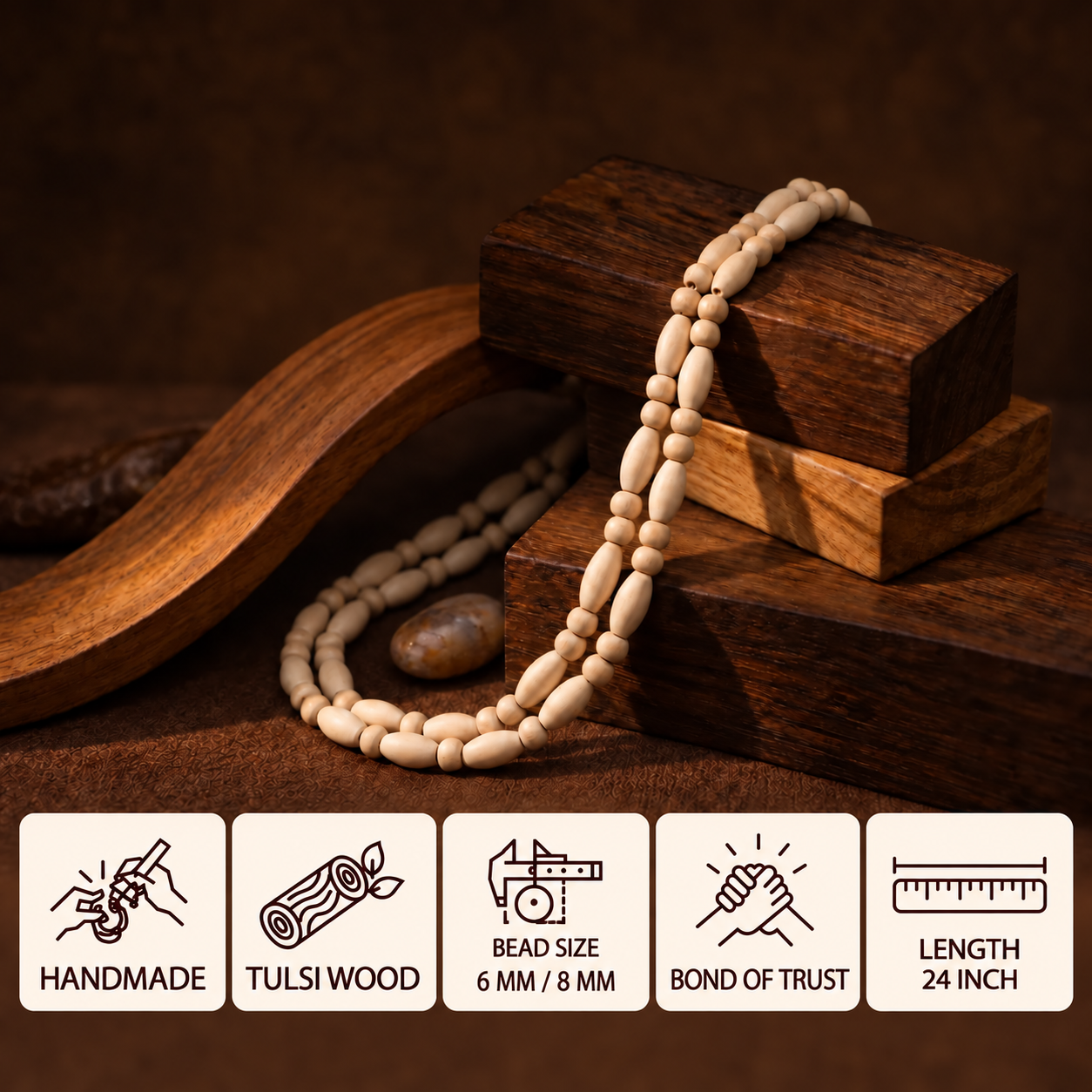 Tulsi wood bead mala draped over stacked wooden blocks, with feature cards showing 6 mm and 8 mm bead sizes and a 24 inch length.
