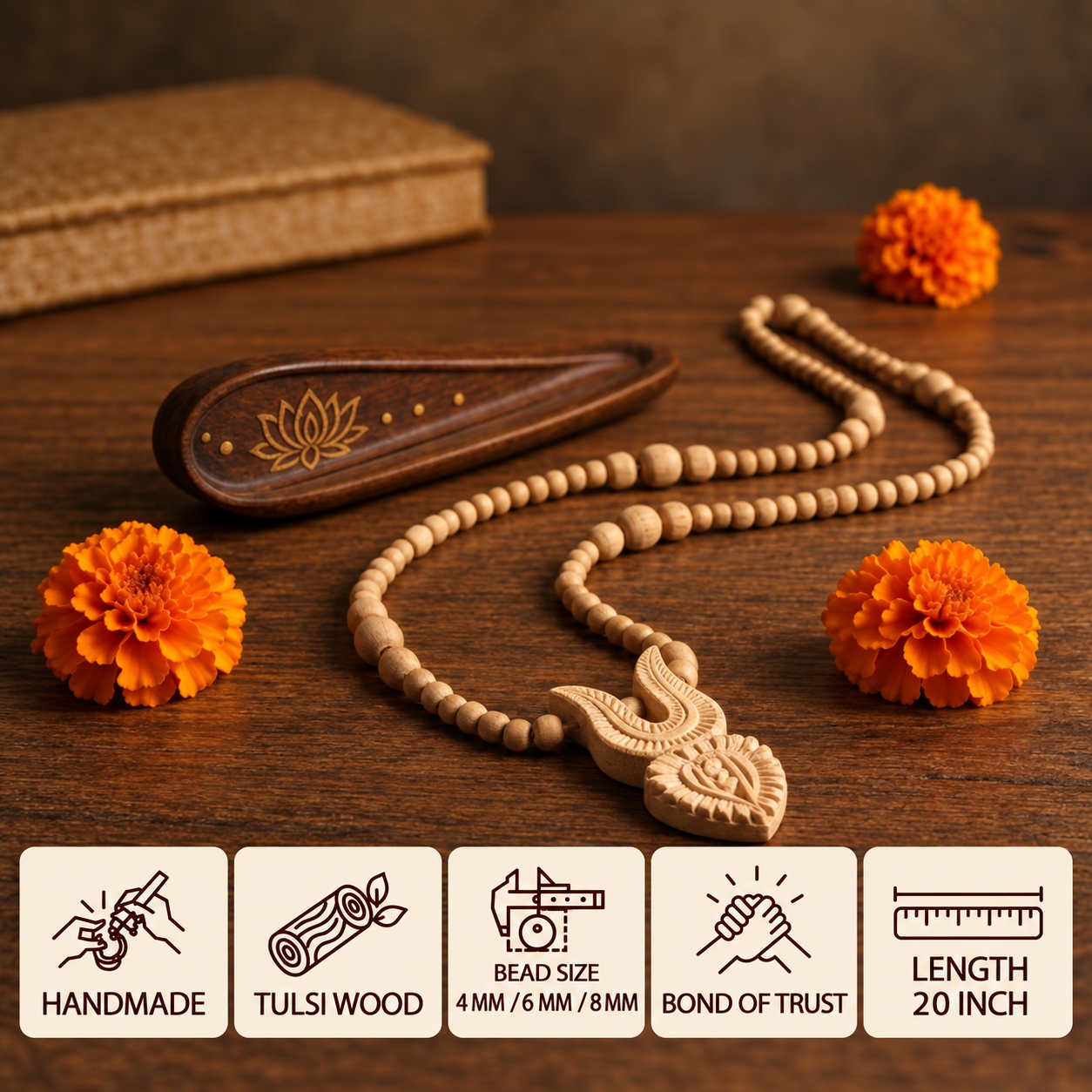 Tulsi wood bead mala with a carved pendant on a wooden surface, featuring 4 mm, 6 mm and 8 mm beads and a 20 inch length.