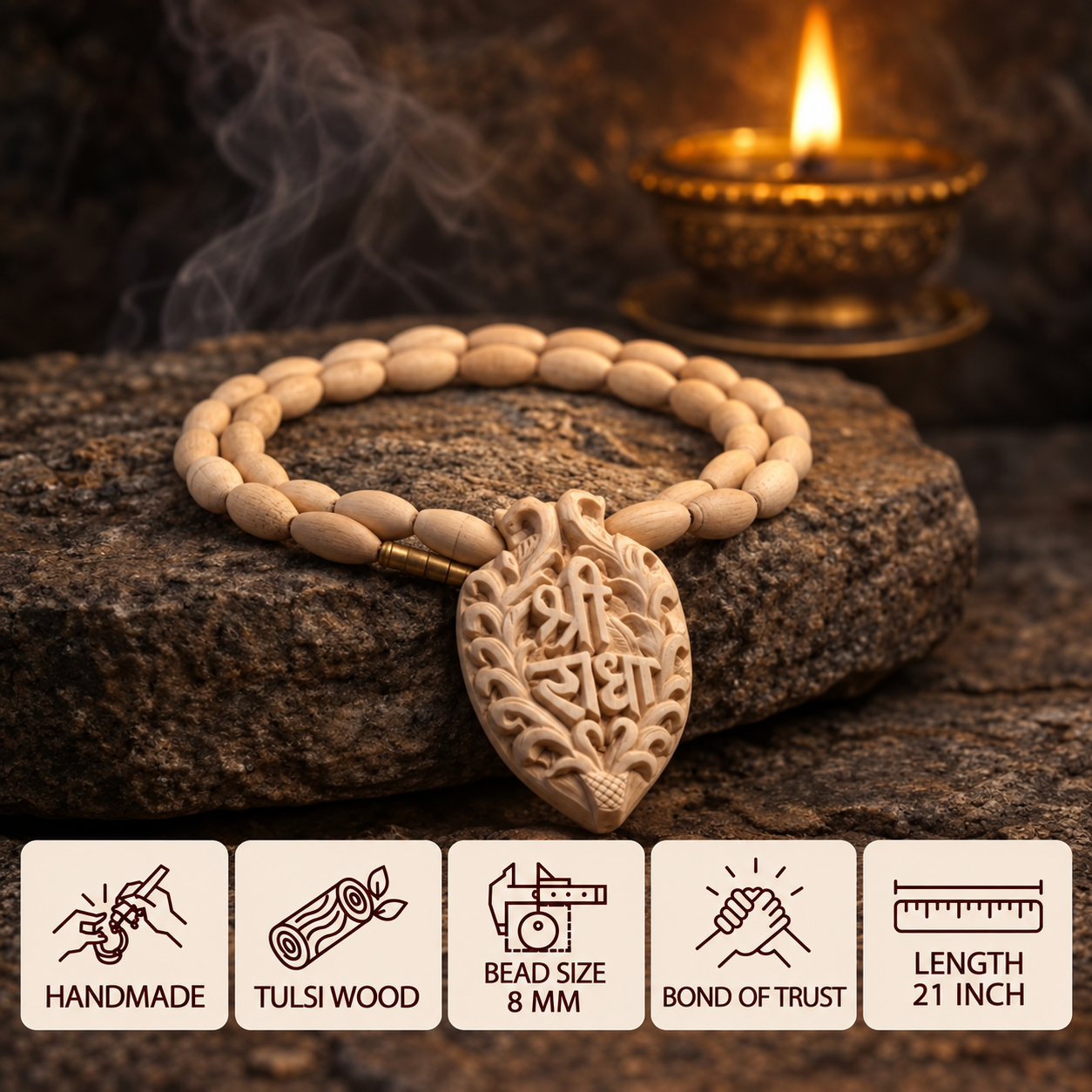 Tulsi wood bead mala with a carved pendant displayed on a stone surface, with feature cards showing 8 mm beads and 21 inch length.