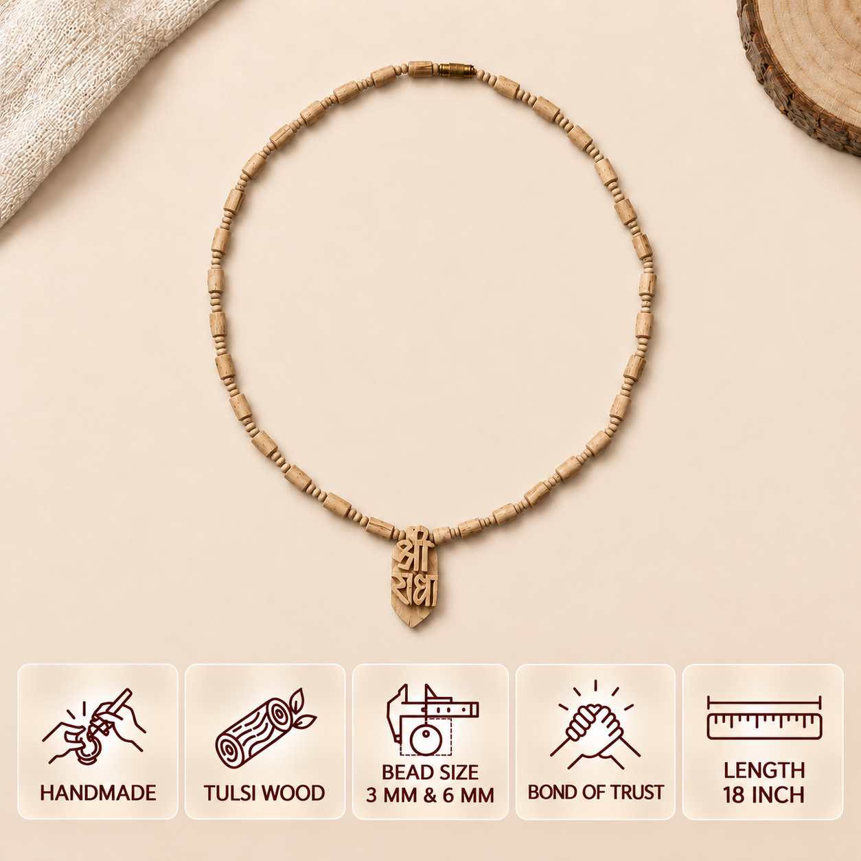 Tulsi wood mala with a carved Shri Radha pendant on a cream background, with five glass-effect feature cards below.