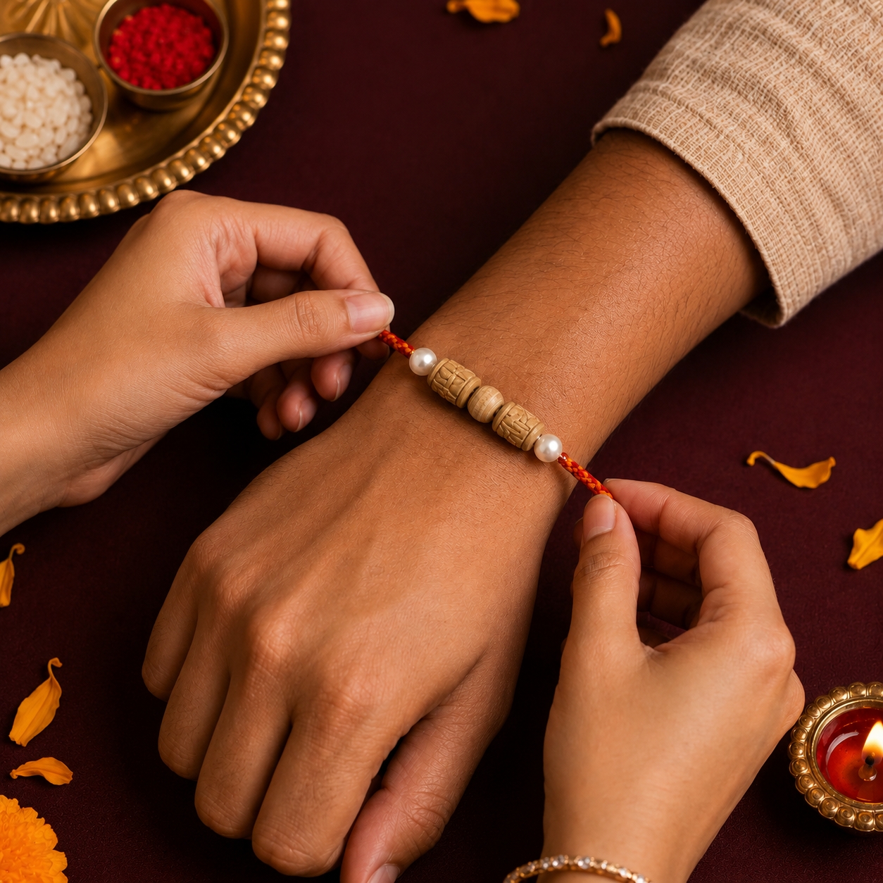 Sister tying a simple and traditional Tulsi rakhi on her brother's wrist