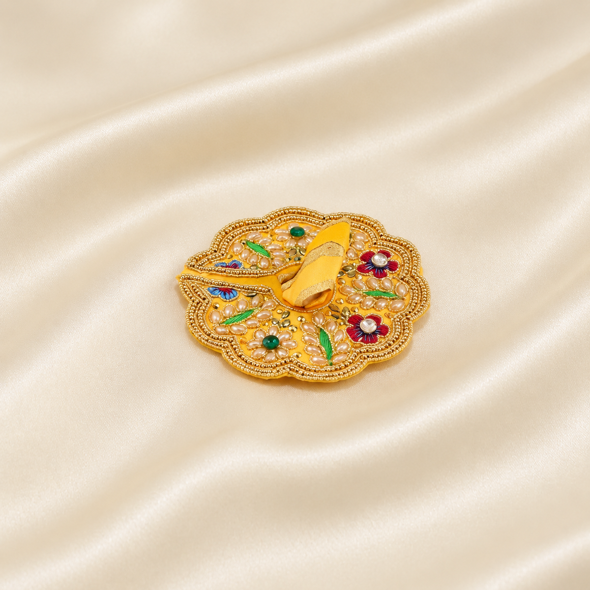 Yellow embroidered Laddu Gopal dress with pearl beadwork, floral detail