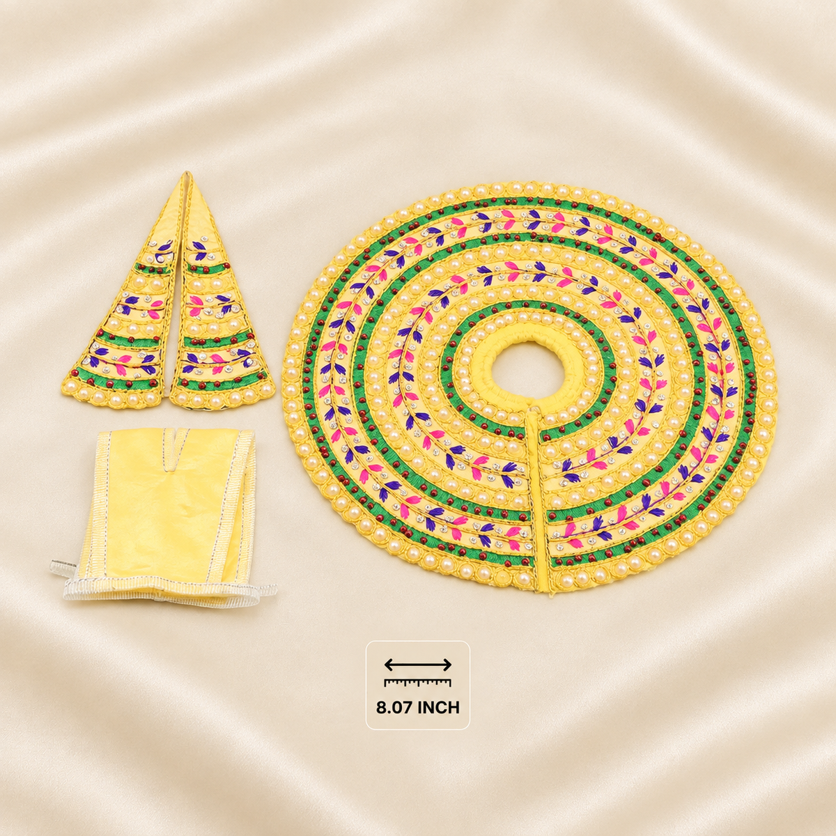 Yellow floral pearl-embroidered Laddu Gopal dress set, 8.07 inch.