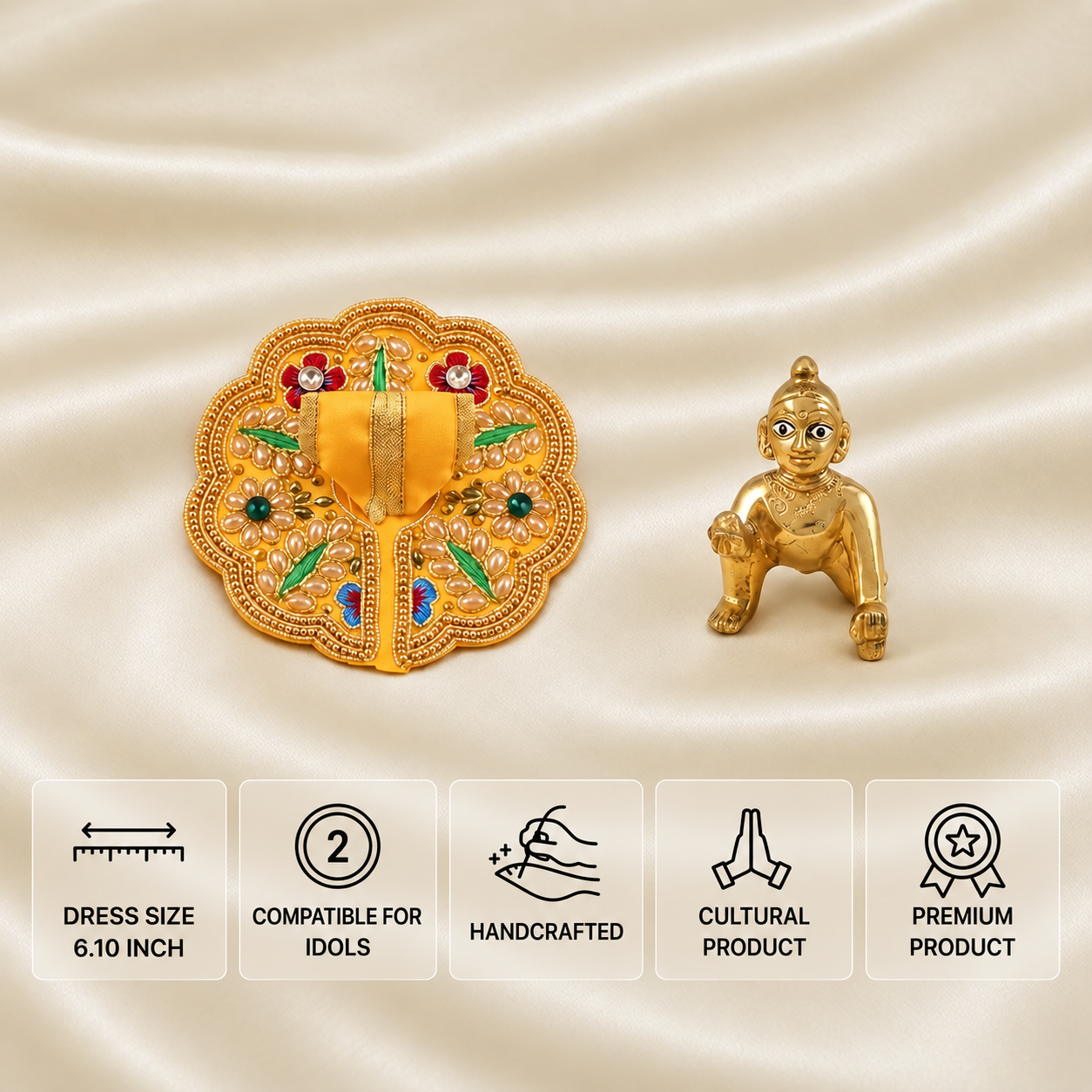 Yellow embroidered pearl-work Laddu Gopal dress with golden 2 number idol, 6.10-inch dress size