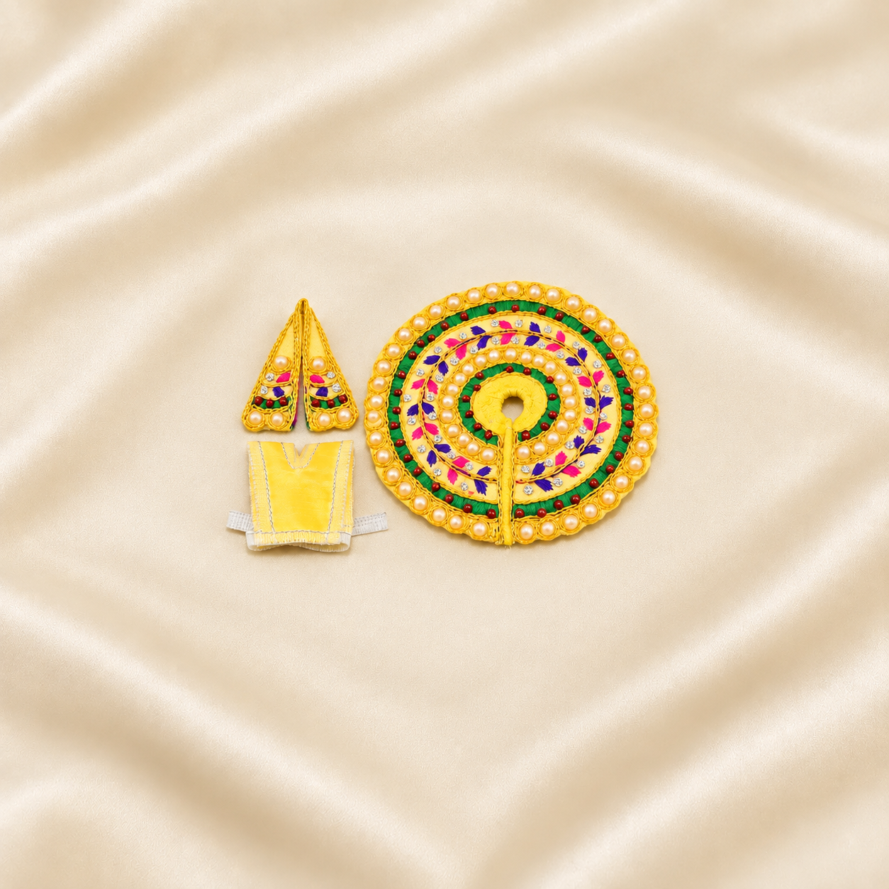Yellow and green pearl-work Laddu Gopal dress set with mukut and patka